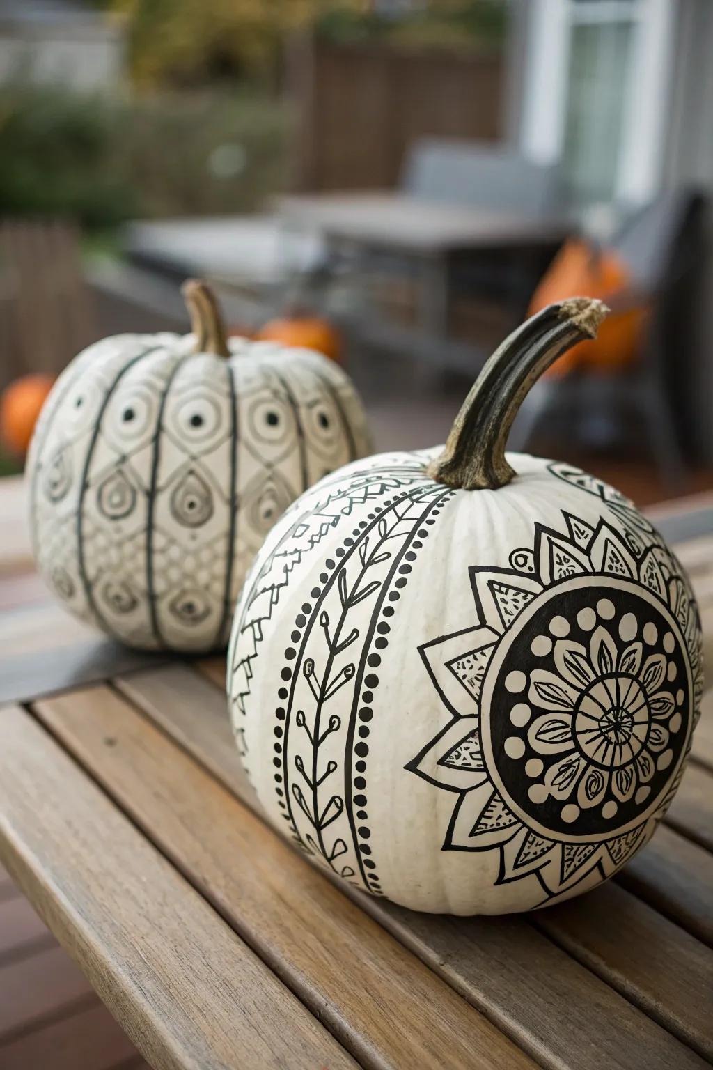 A pumpkin embellished with elaborate painted patterns, perfect for a refined aesthetic.