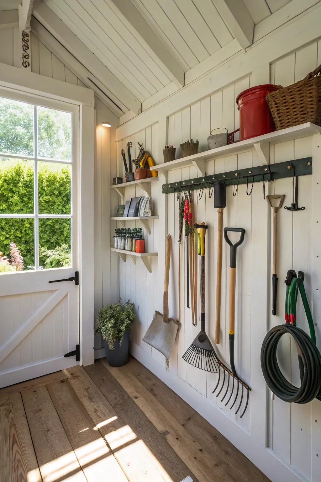 Elevated storage transforms a jumbled shed into a structured sanctuary.