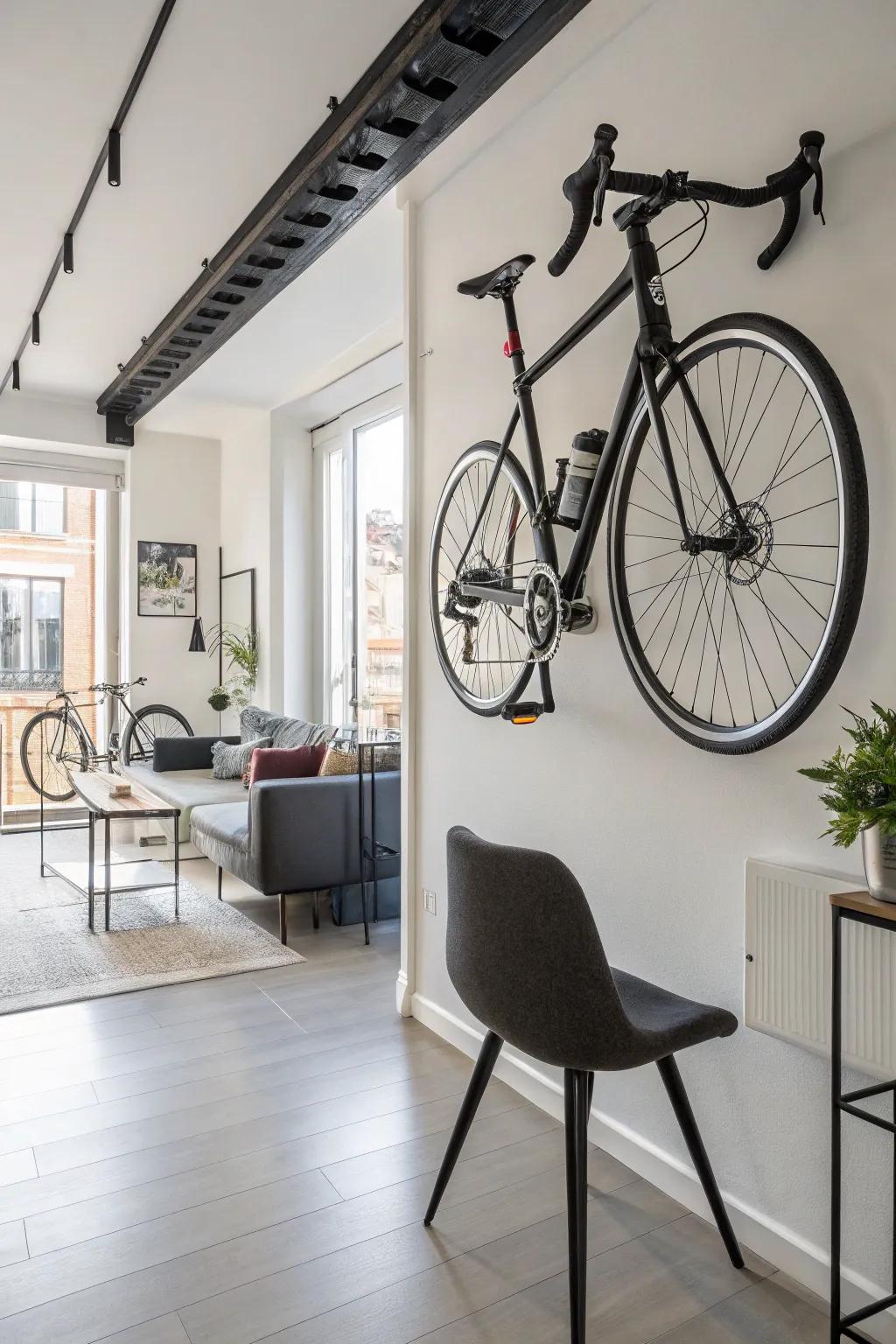 A vertical wall mount turns your bike into a captivating piece of wall art.