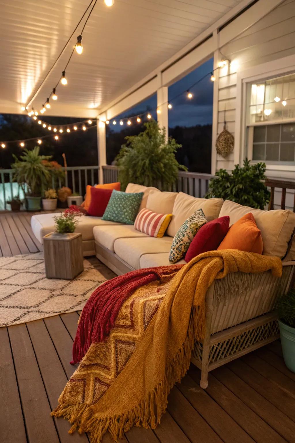A comfortable seating space on an indoor deck, ideal for unwinding.