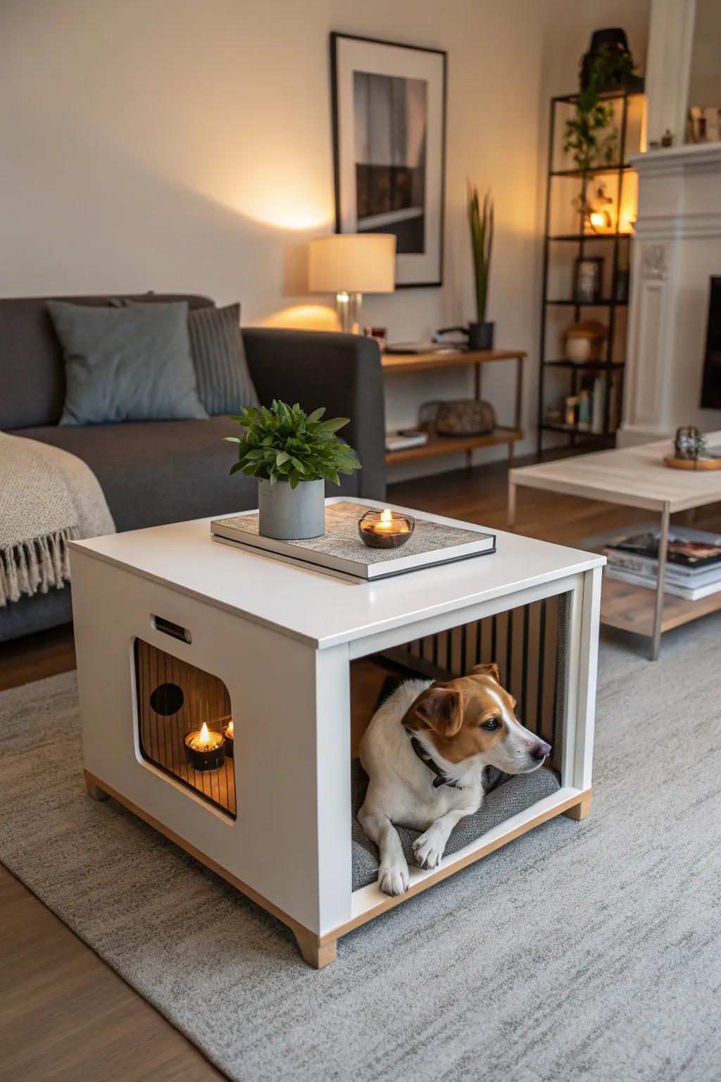 A coffee table that doubles as a kennel keeps your dog close and your space stylish.