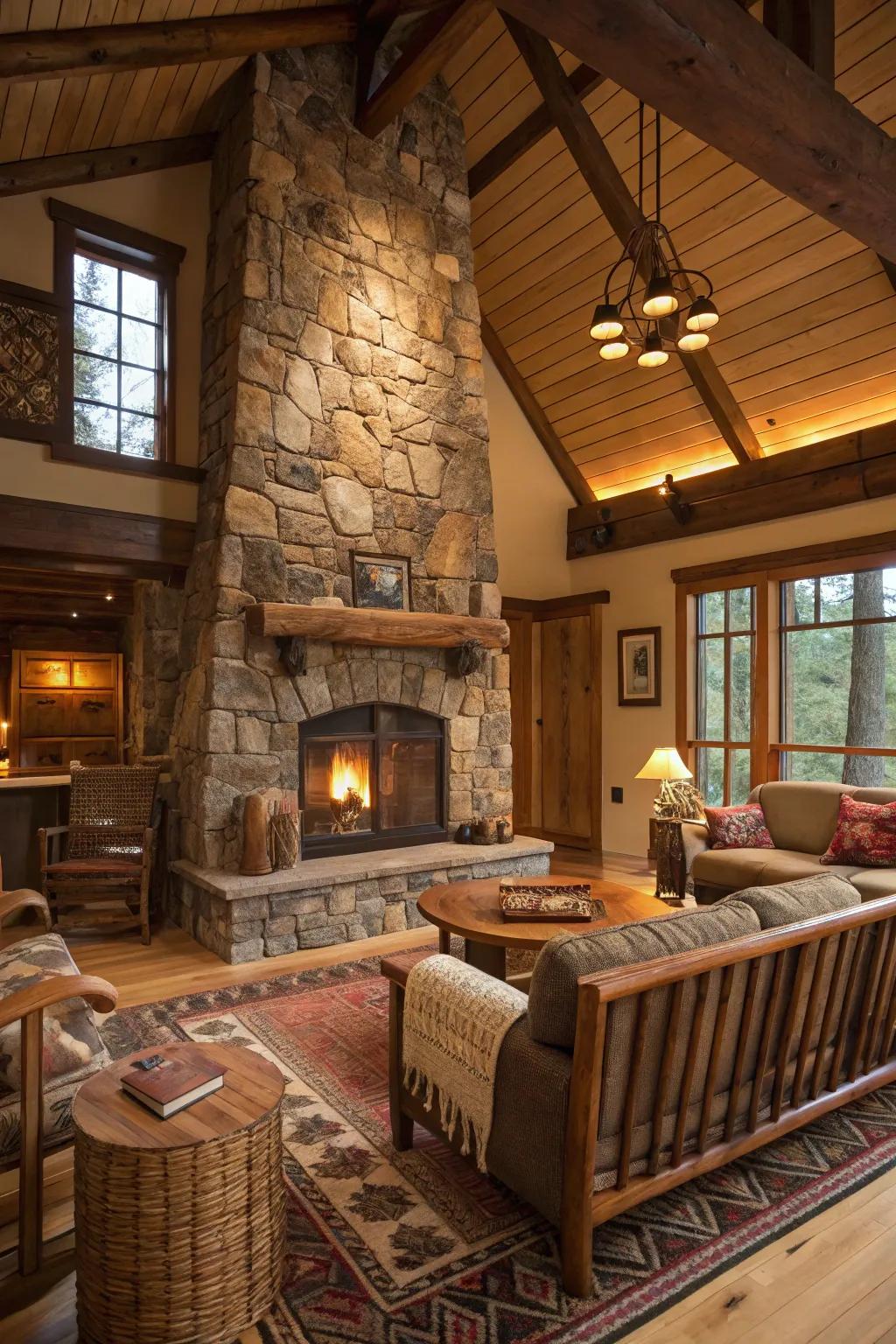 A comfortable living area showcasing an impressive stone fireplace as its main feature.
