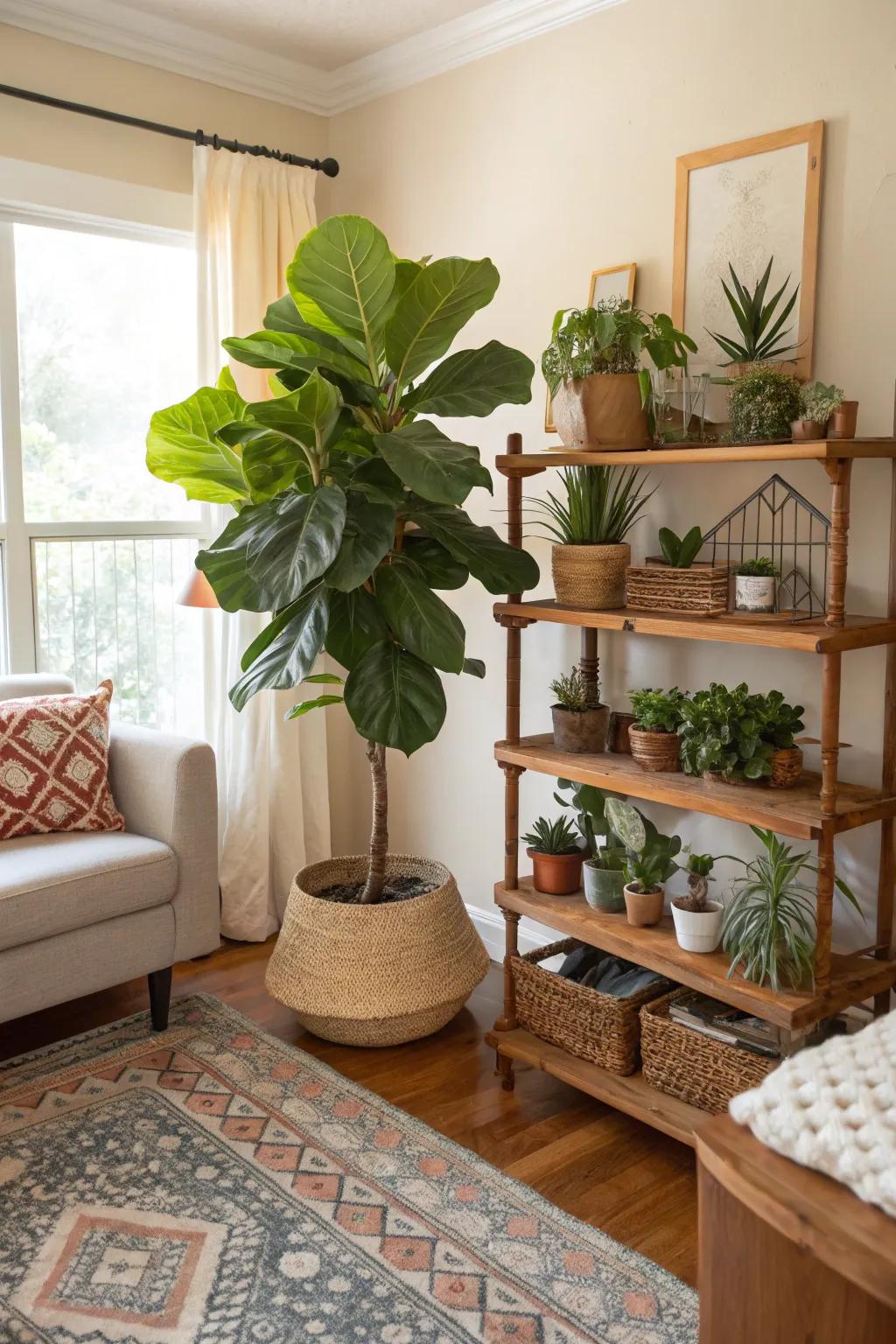 A living space reimagined as a verdant sanctuary thanks to a thoughtful combination of grand and delicate flora.
