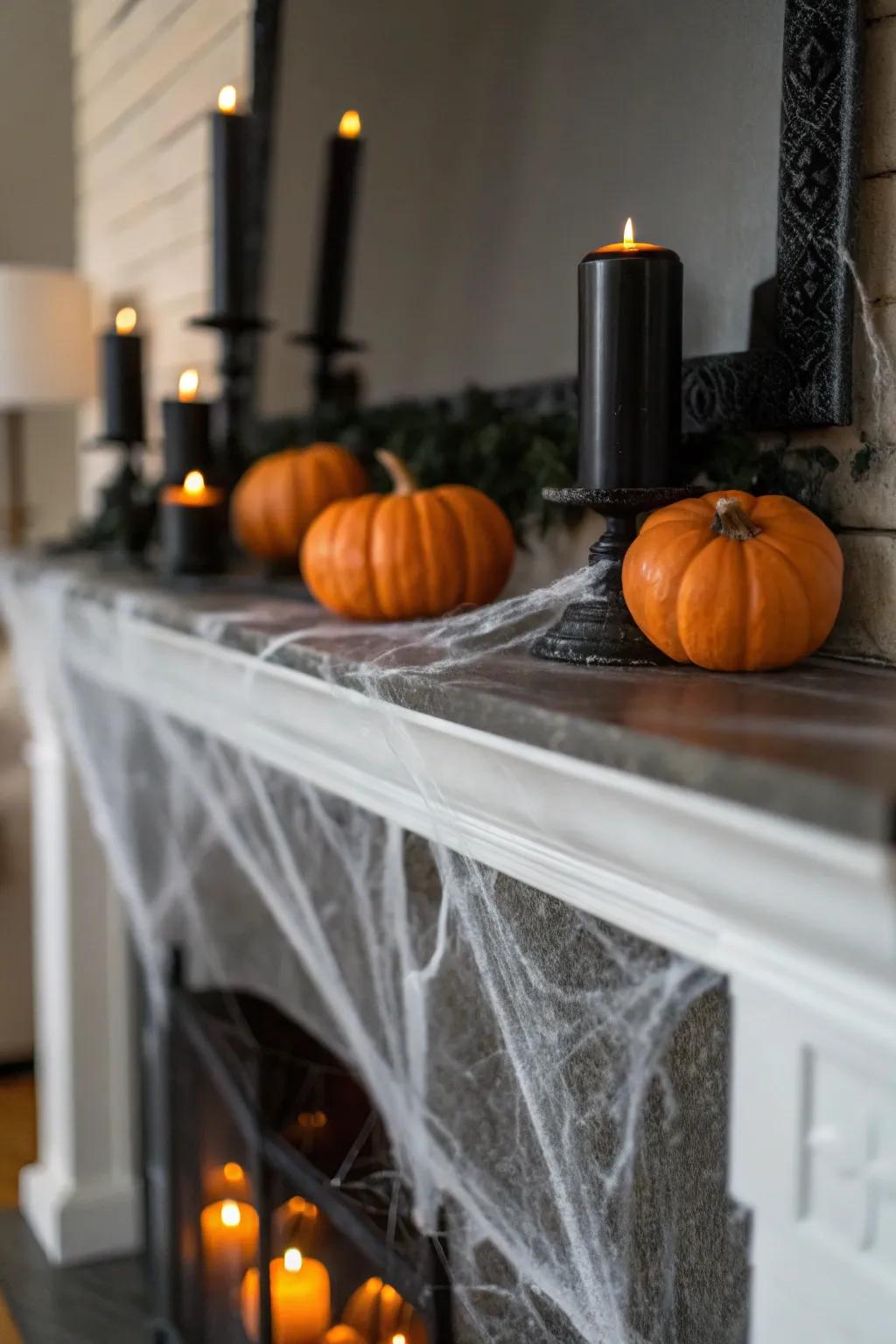 An eerie mantel transformation, ideal for celebrating Halloween.