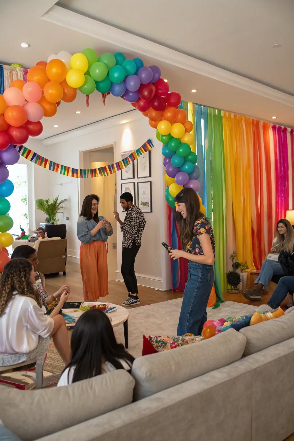 An exuberant indoor gathering displaying a colorful stagecraft and inflated garland piece.