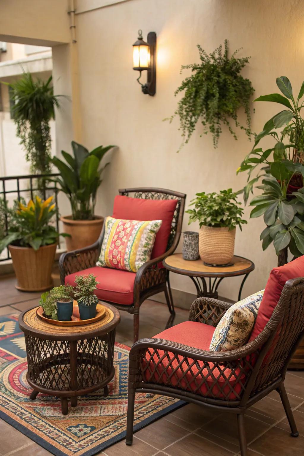 A snug seating arrangement encourages relaxation and dialogue.