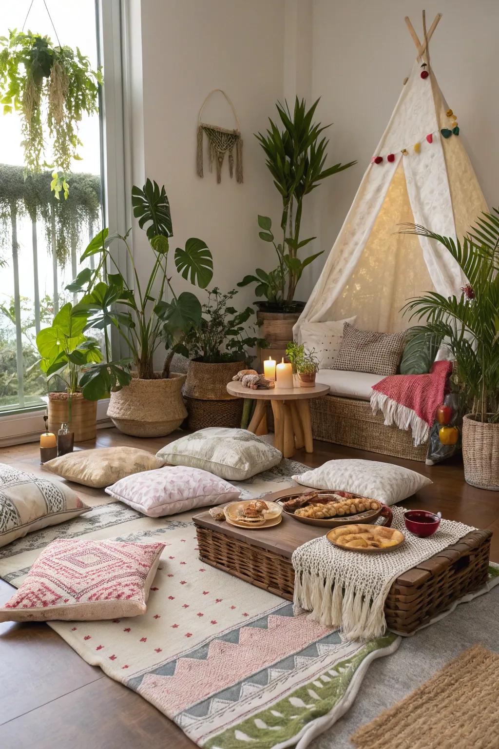 Soft throws and loungers create a comfy indoor picnic.