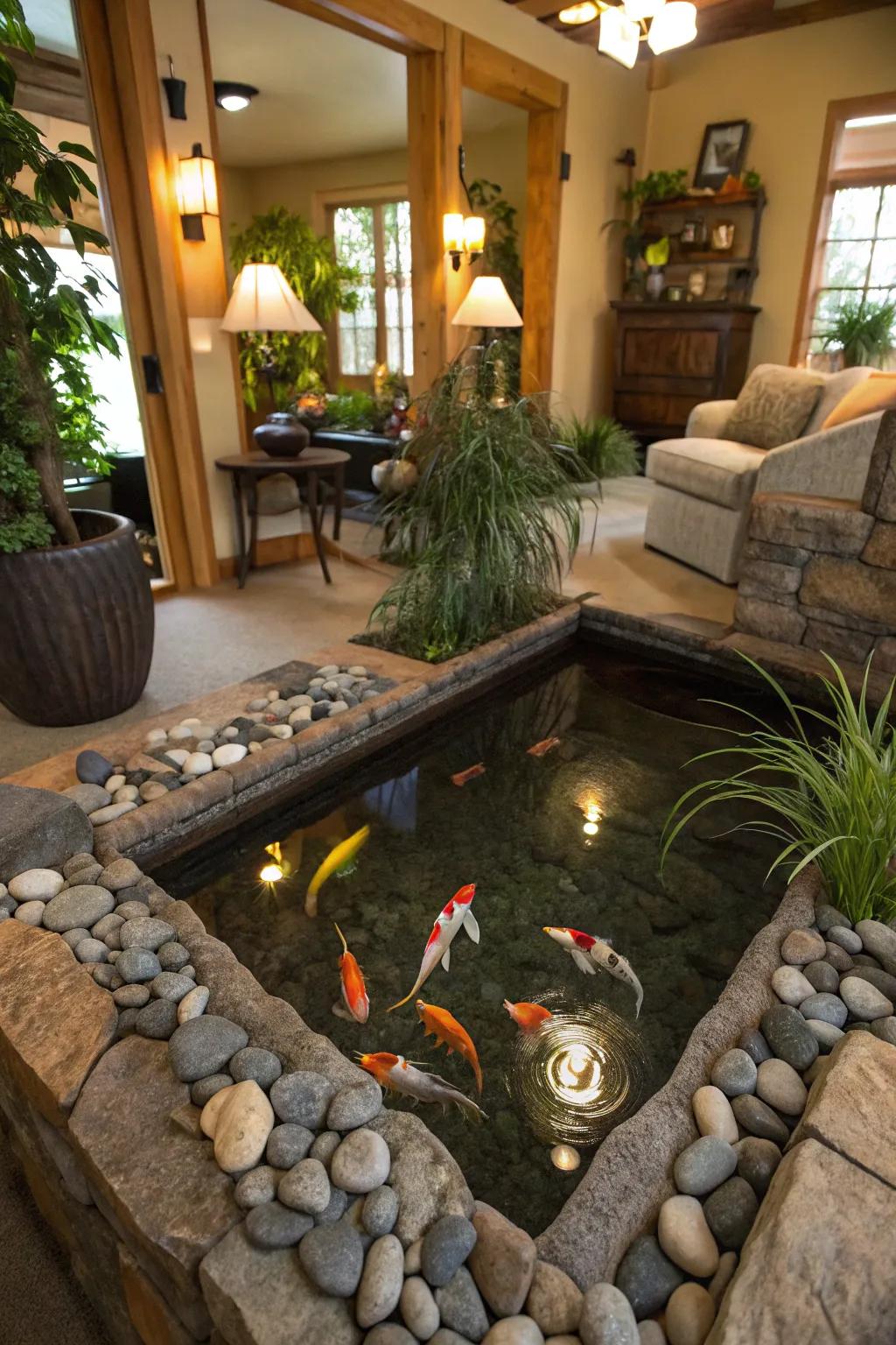 A miniature koi pond brings both tranquility and appeal.