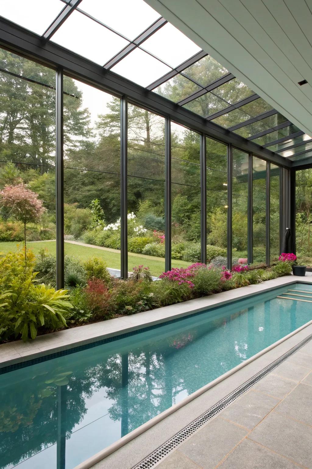 A breathtaking indoor pool featuring glass walls showcasing a garden view