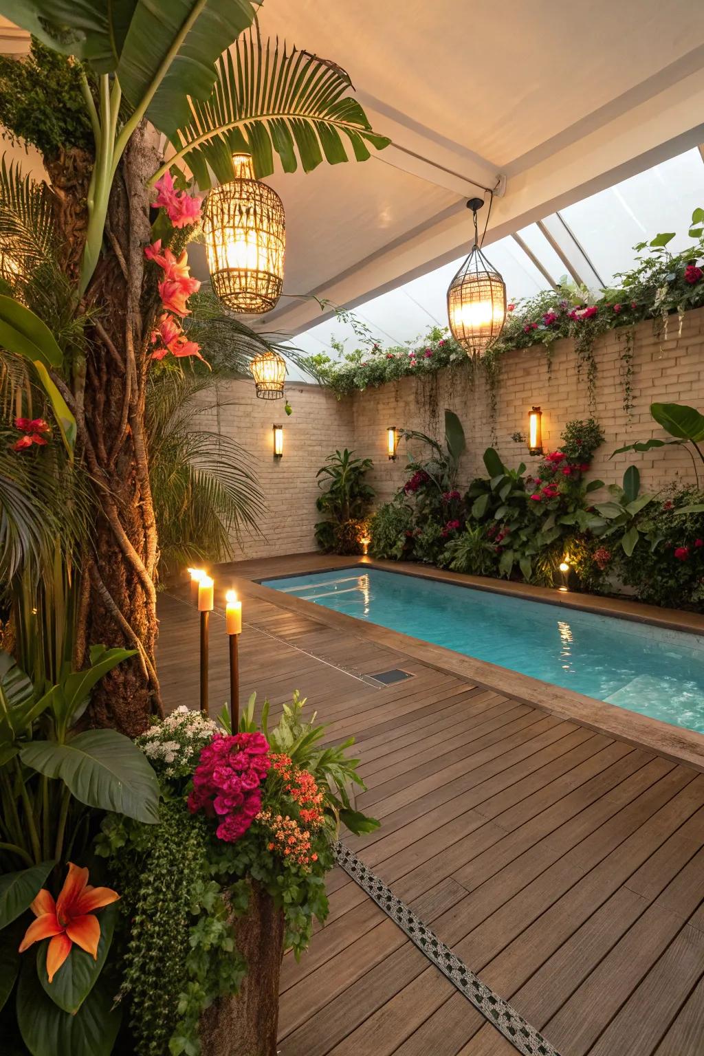 Conjure up a tropical escape with lavish foliage and vivid decorations around your indoor pool space.
