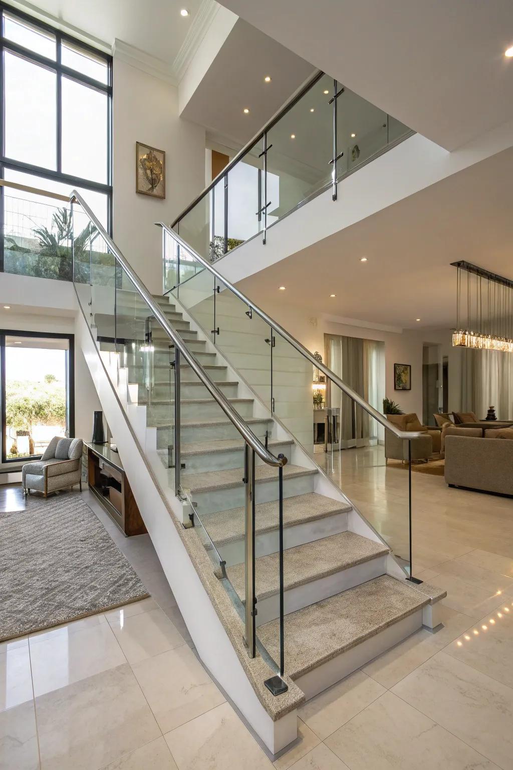 Glass section stair railings provide an open and up-to-date aesthetic.
