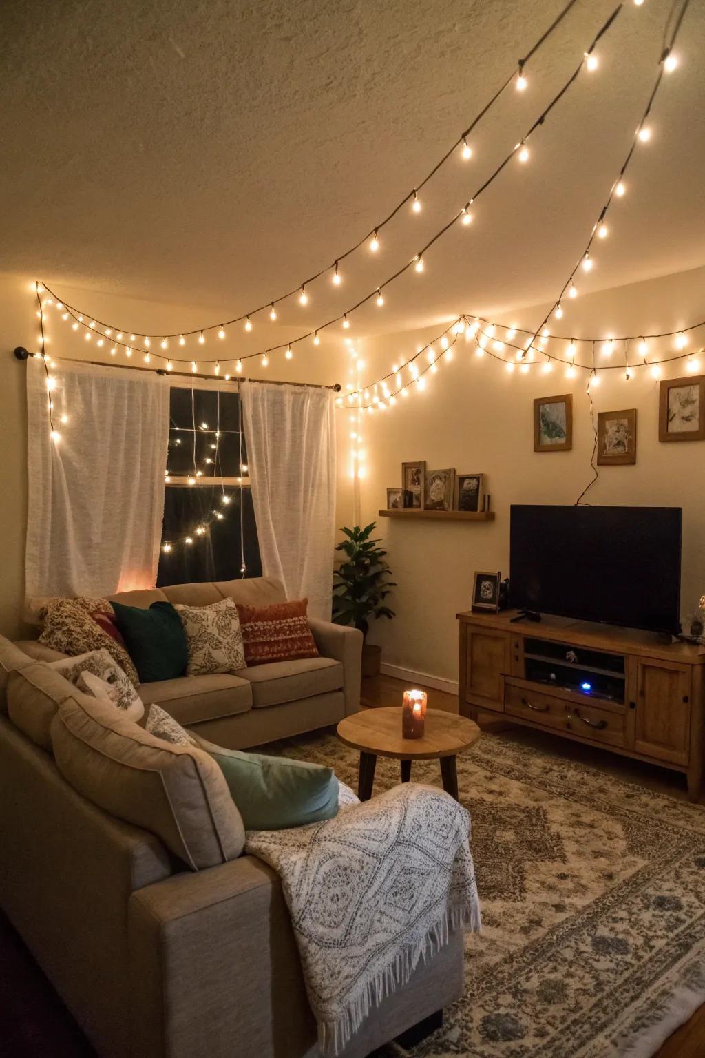 For a snug atmosphere, gently drape decorative mini-lights along your living room walls.