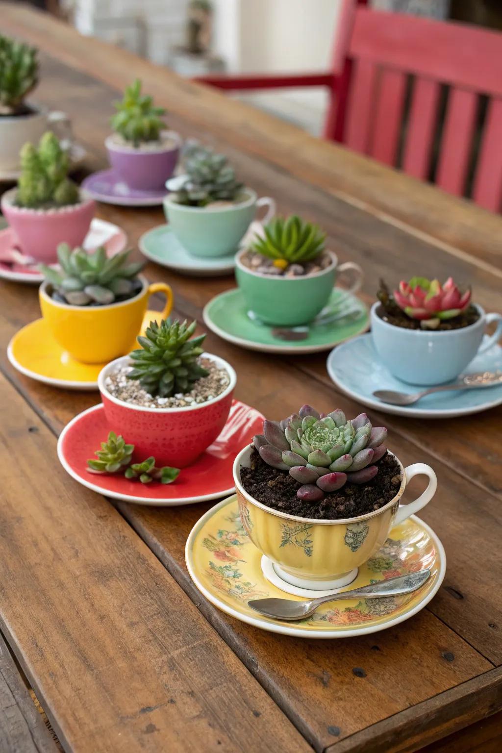 Adorable teacups offer cozy little homes for petite succulents.