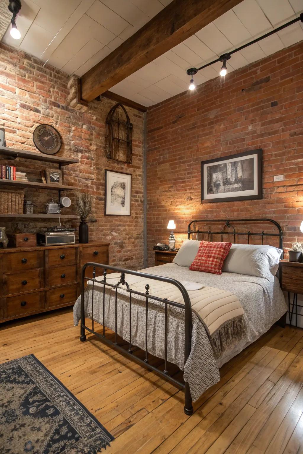 The natural texture of uncovered brick sets a striking stage in this urban sleeping quarters.