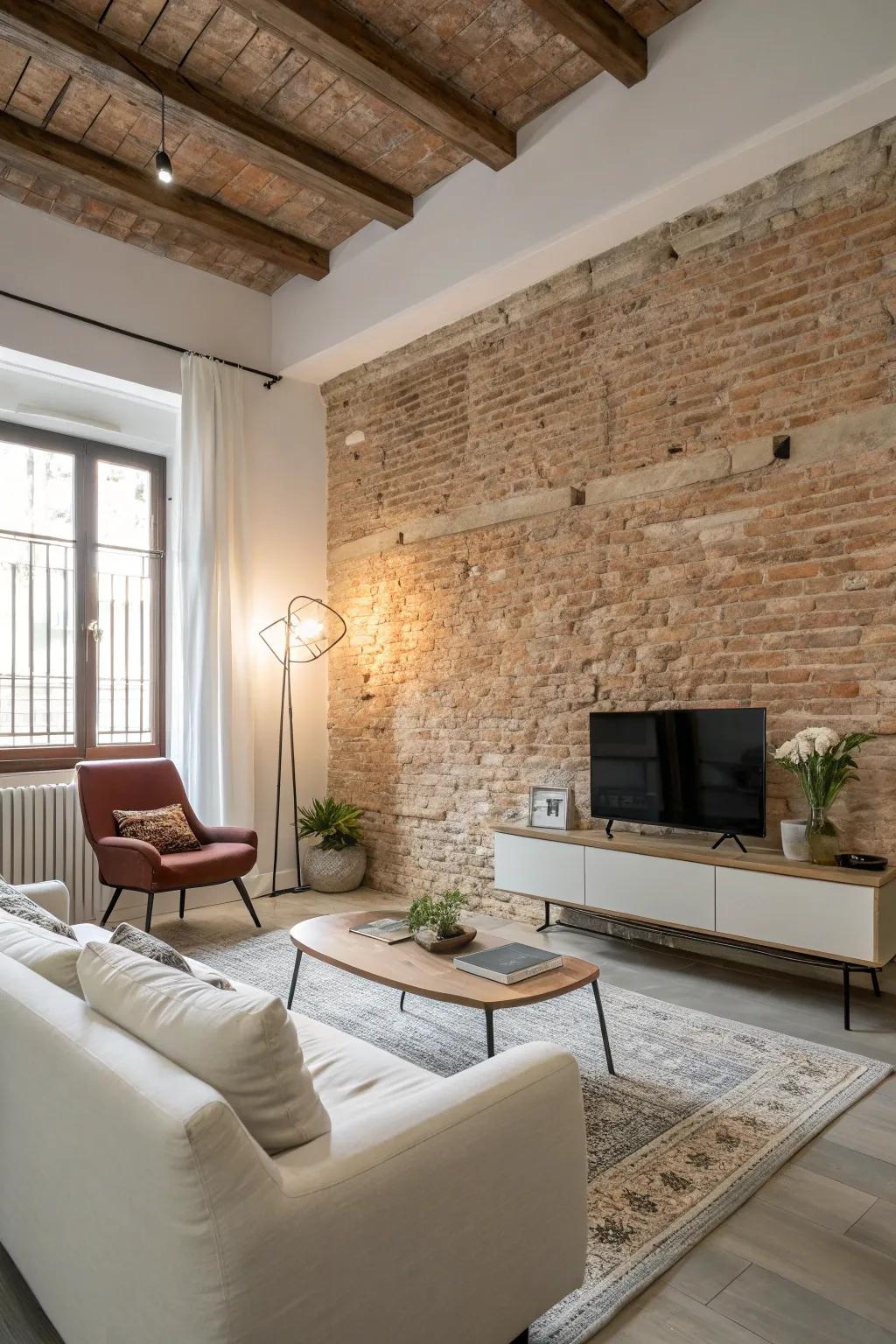 Exposed brick walls provide warmth and personality to your industrial living room.