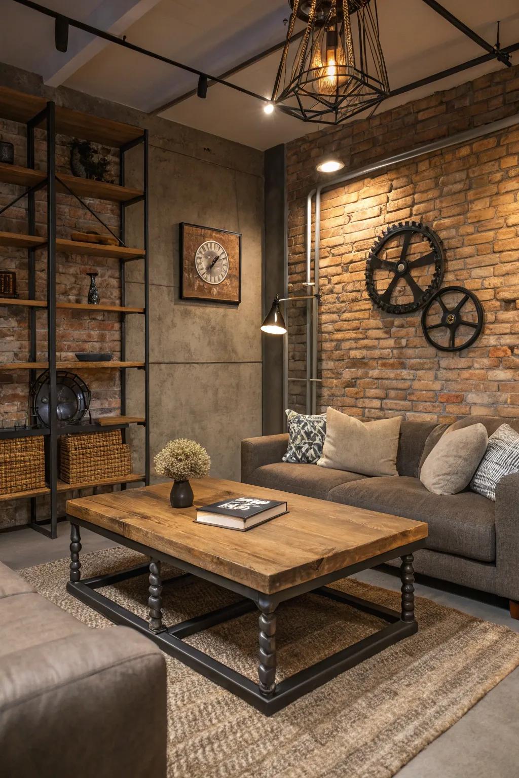 Exposed brick walls complemented by modern metal accents, embodying an industrial essence.