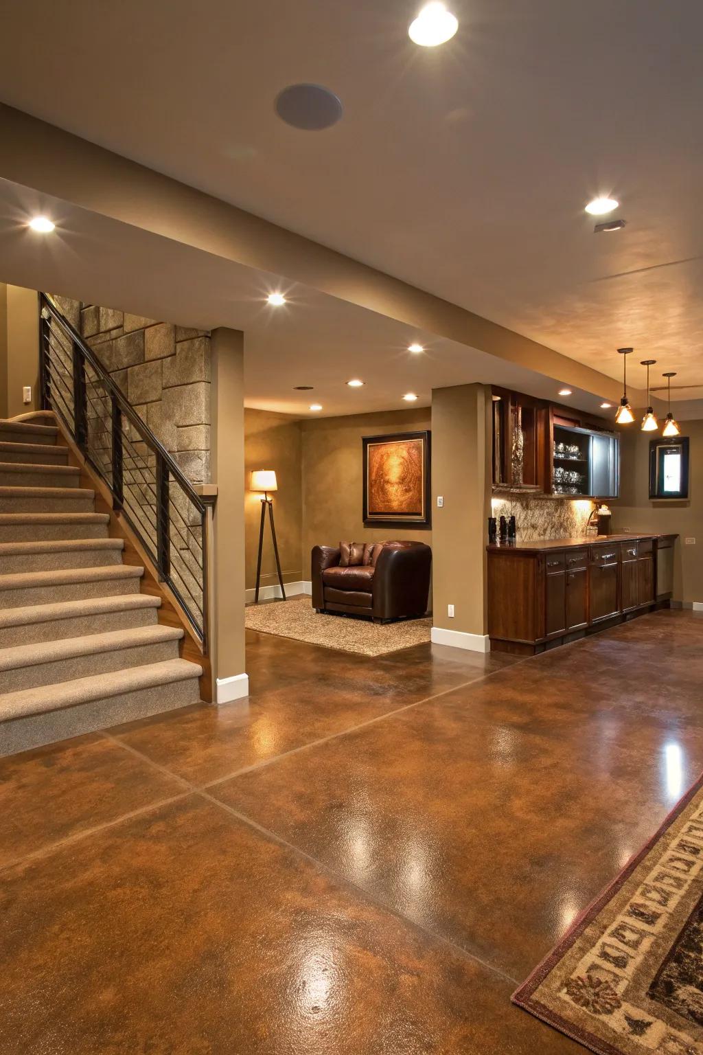 Tinted concrete floors provide a polished and contemporary aesthetic.