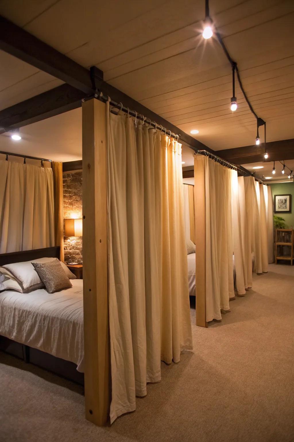 Curtains delineate a secluded sleeping area in your basement.
