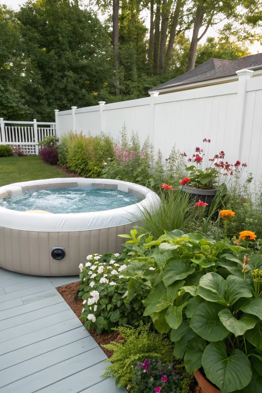 A peaceful hideaway featuring an inflatable bubbly spa surrounded by greenery.