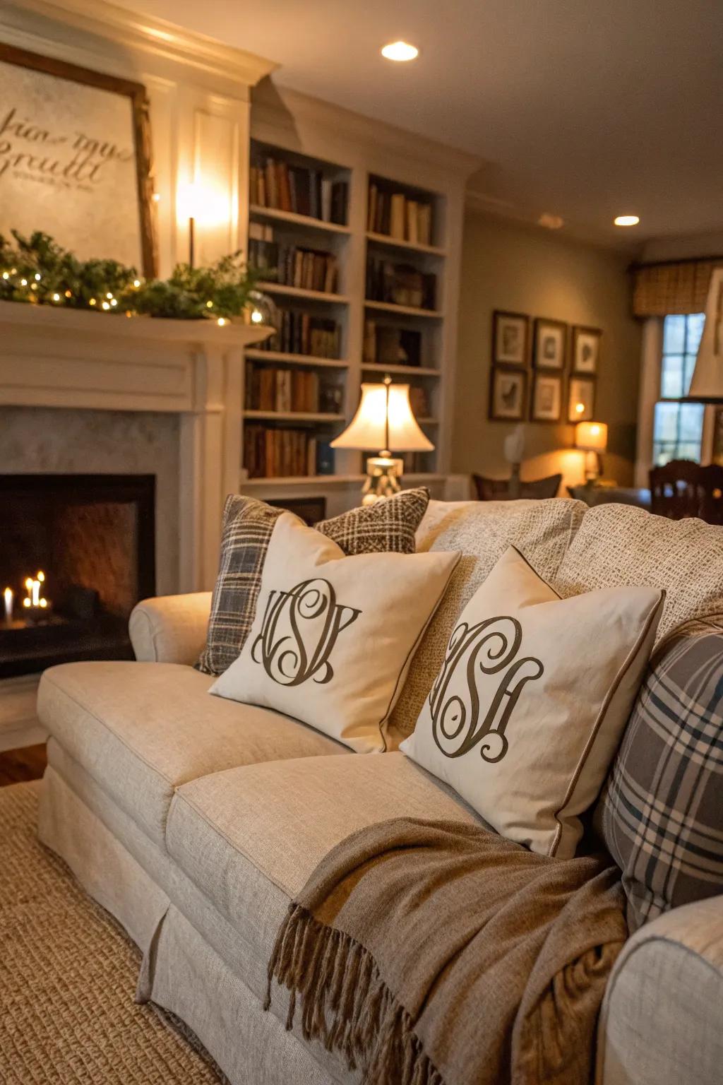 Elevate your space's charm with elegant monogrammed cushions.