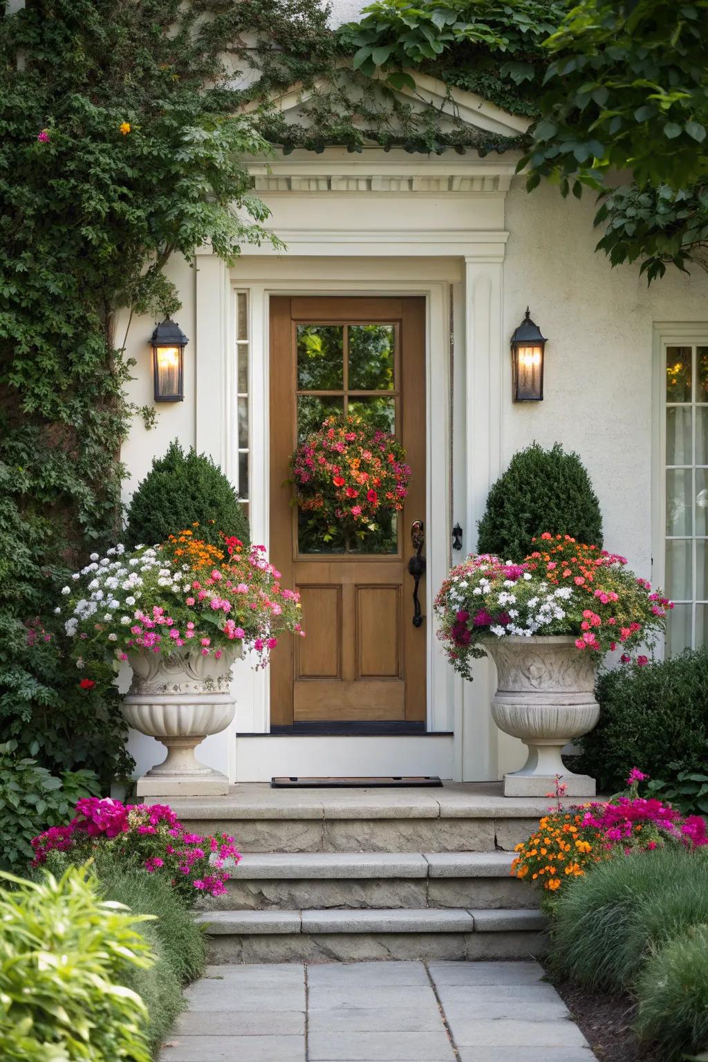 Symmetrical planters bring a refined elegance to this inset front door.