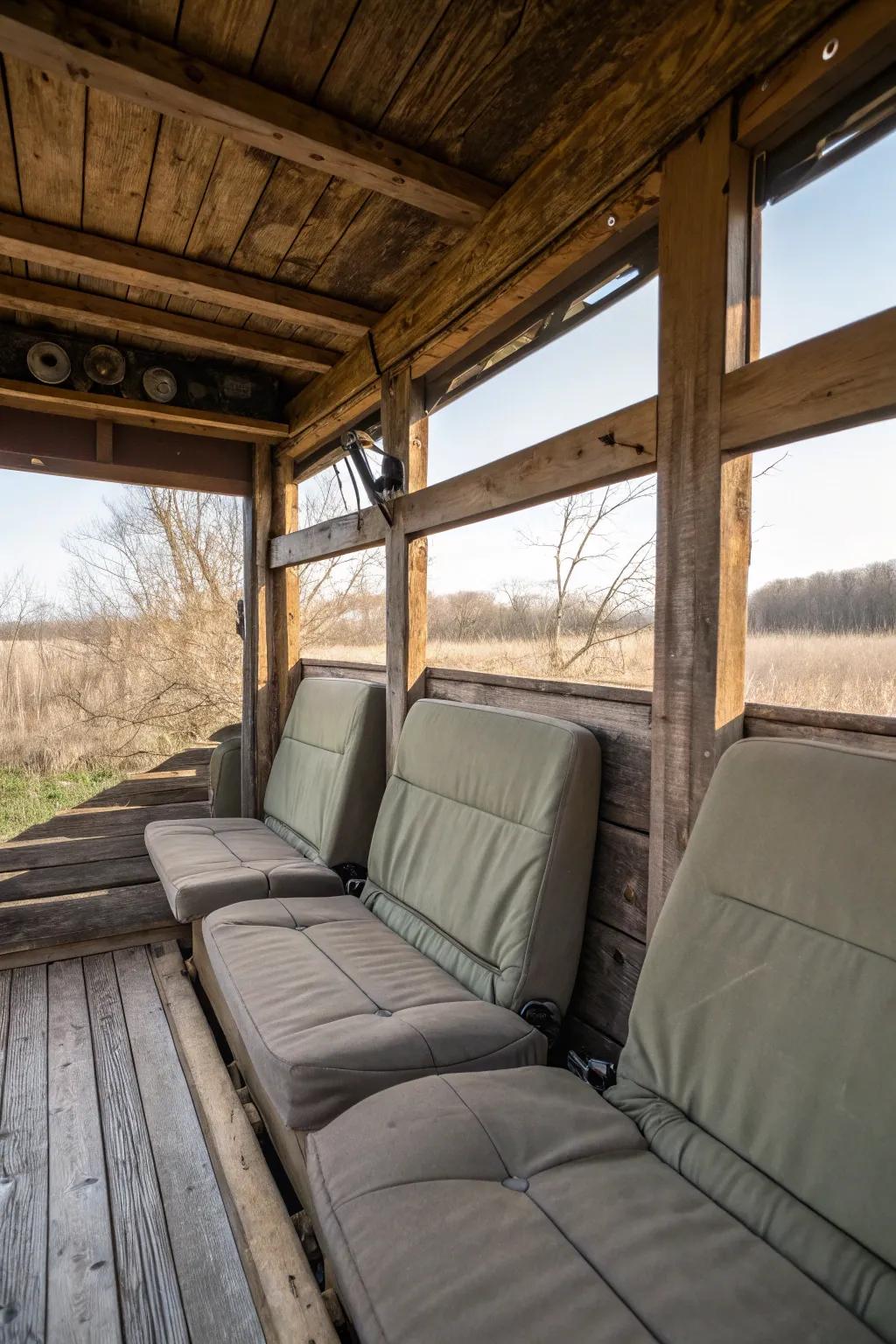Padded seating enriches the comfort during drawn-out hours in the blind.
