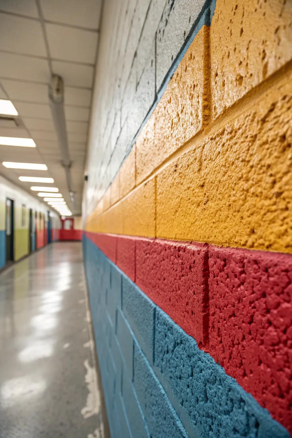 A cinder block wall beautifully revitalized with textured paint in lively hues.