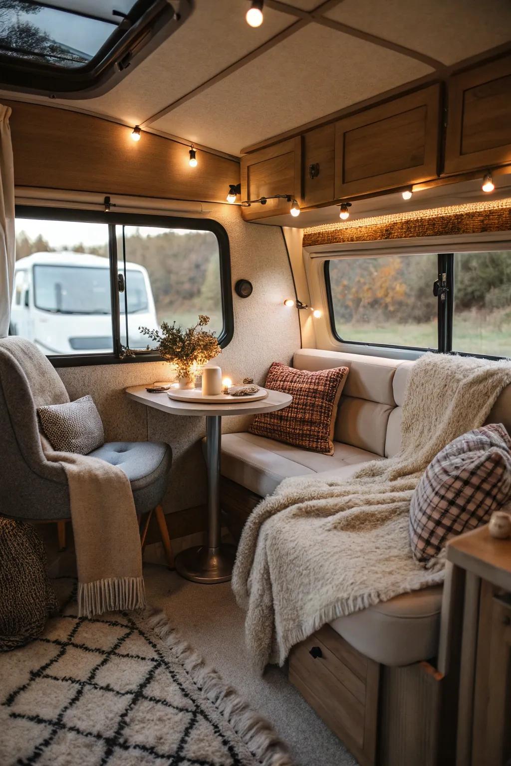 A snug nook highlighted with plush cushions and gentle throws.