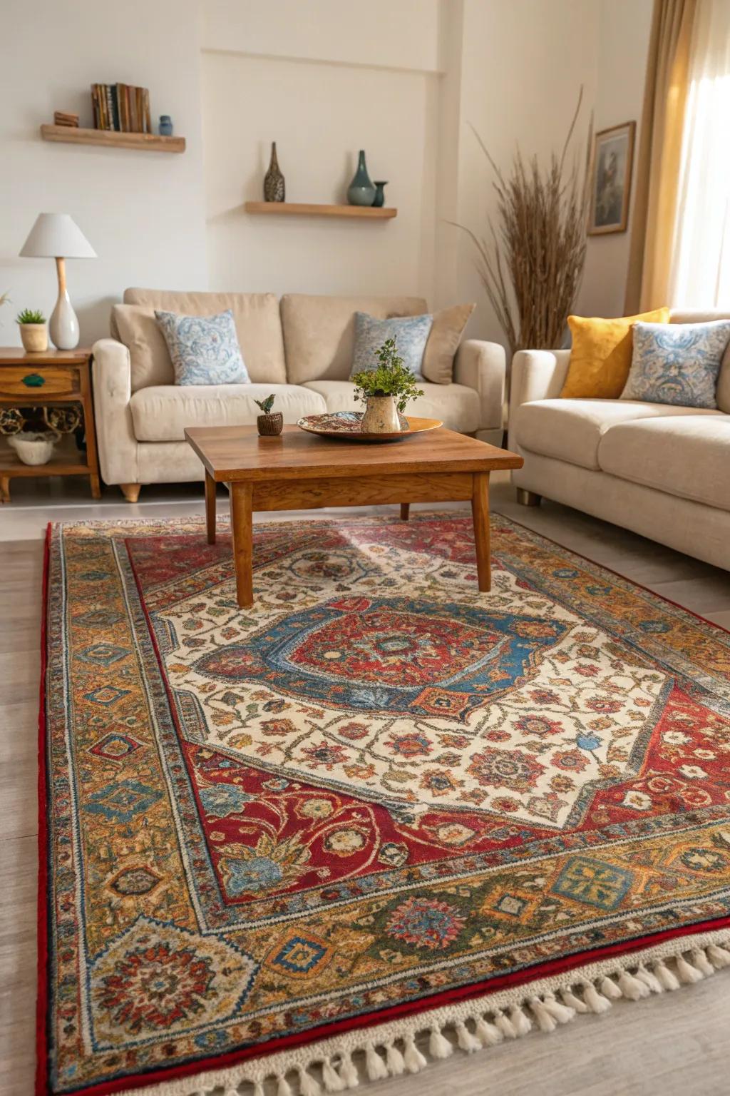 A vibrant carpet can bring a sense of warmth and character to a neutral living area.