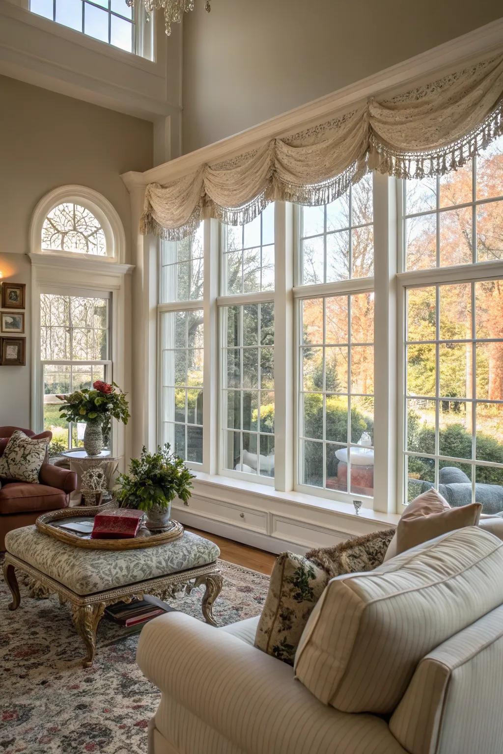 Expansive windows framed with pristine white trim brightening a snug living area.