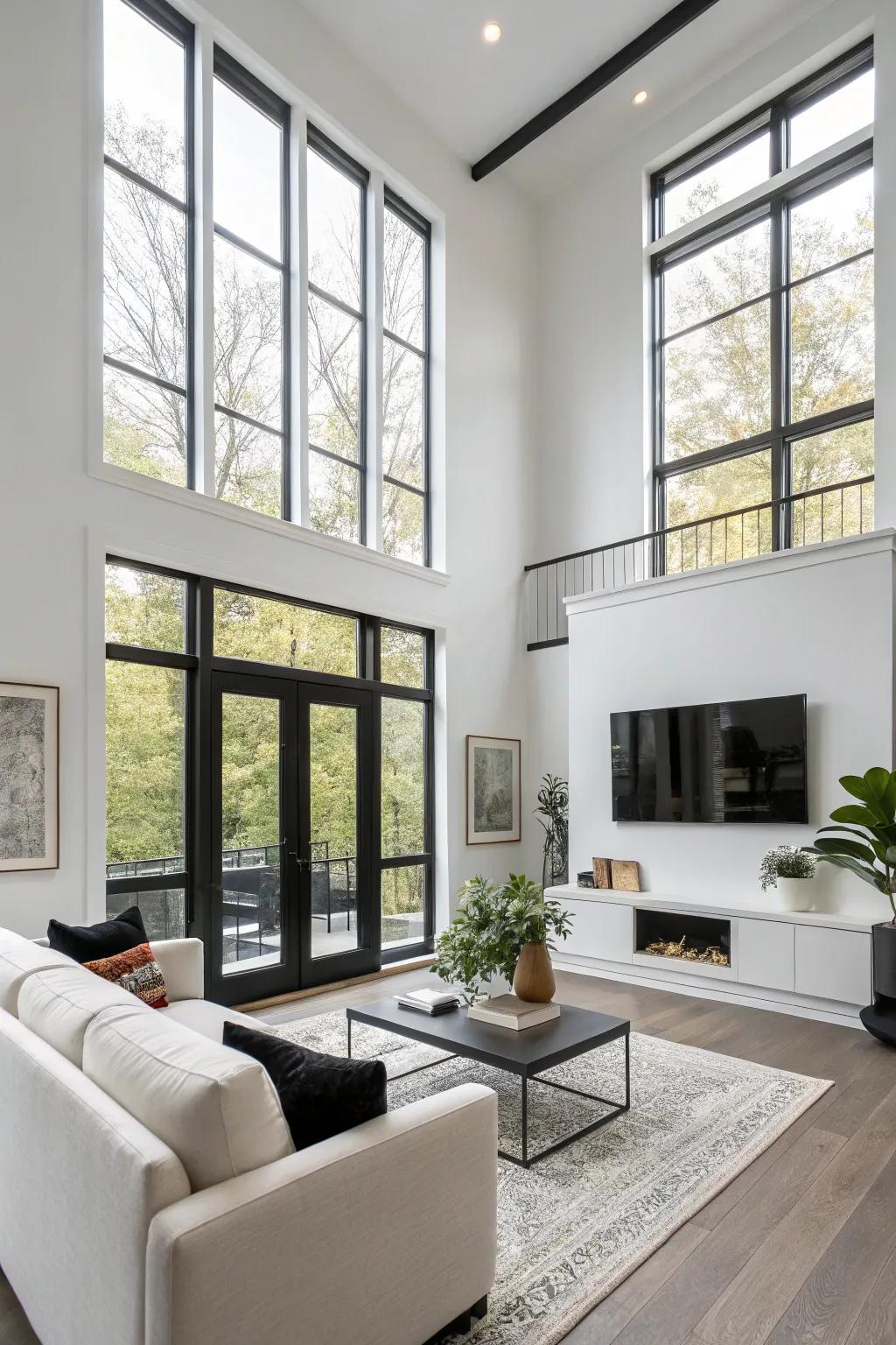 Dark window frames provide a modern contrast against light-colored walls.
