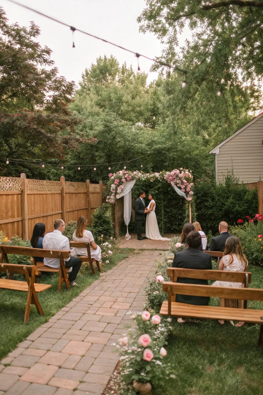 A charming scene with wooden benches creating an inviting wedding seating area.