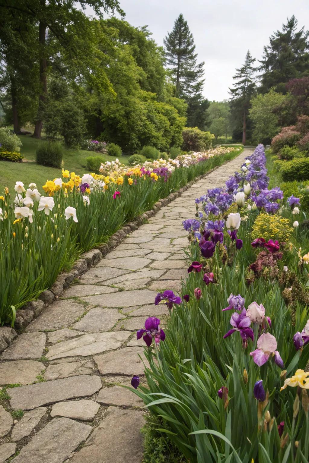 Irises gracefully edging a garden path, contributing definition and hue.