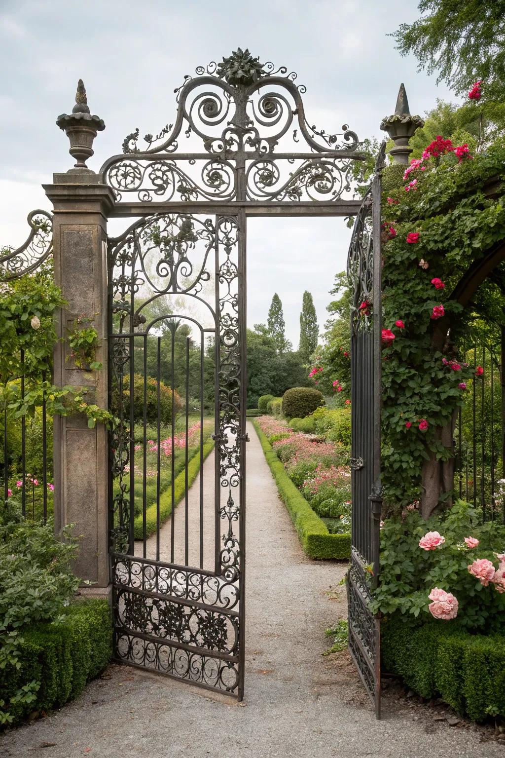 An entryway to a garden showcasing a beautifully decorated iron gate.