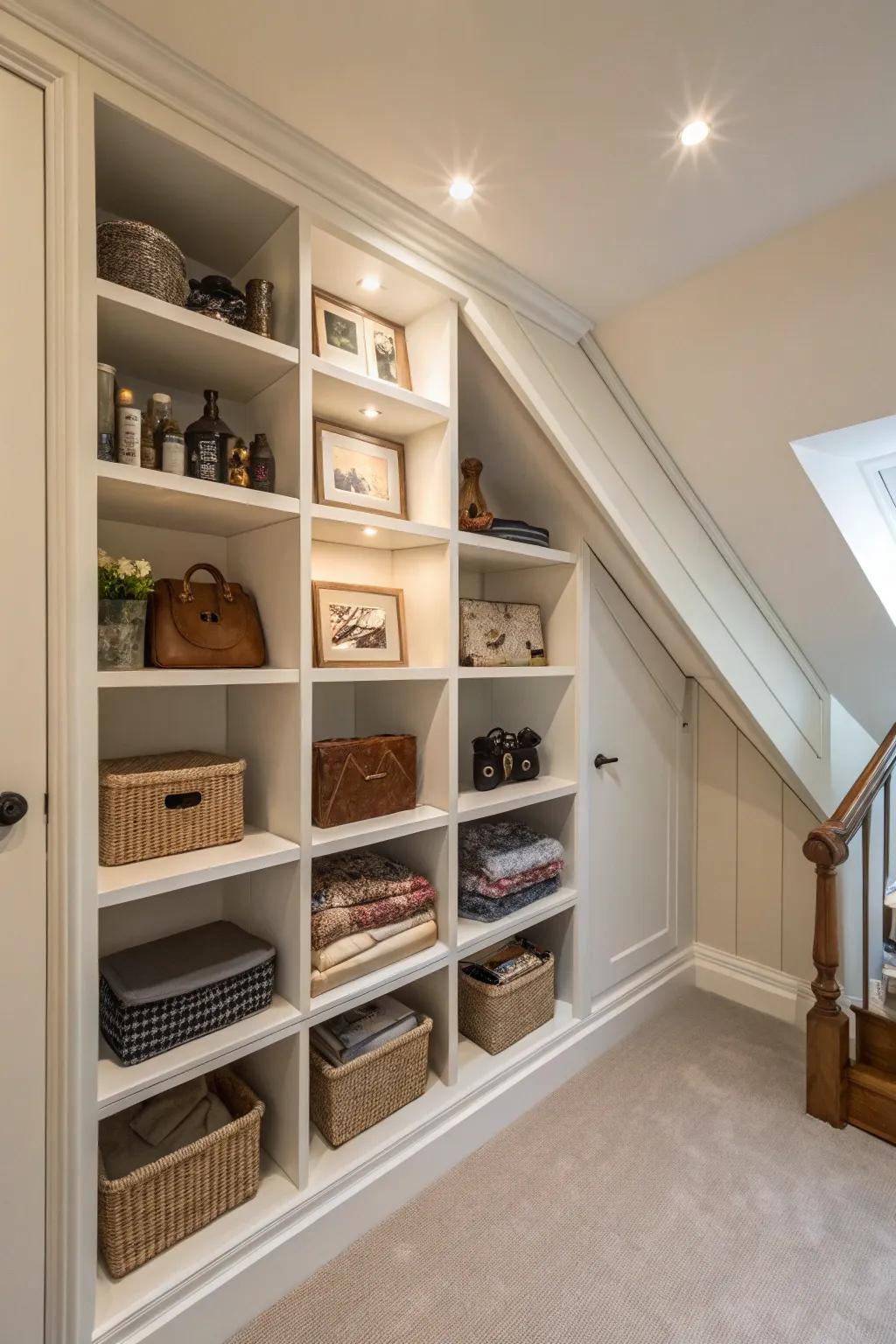 Custom shelves meticulously integrated into a closet wall with an angle.