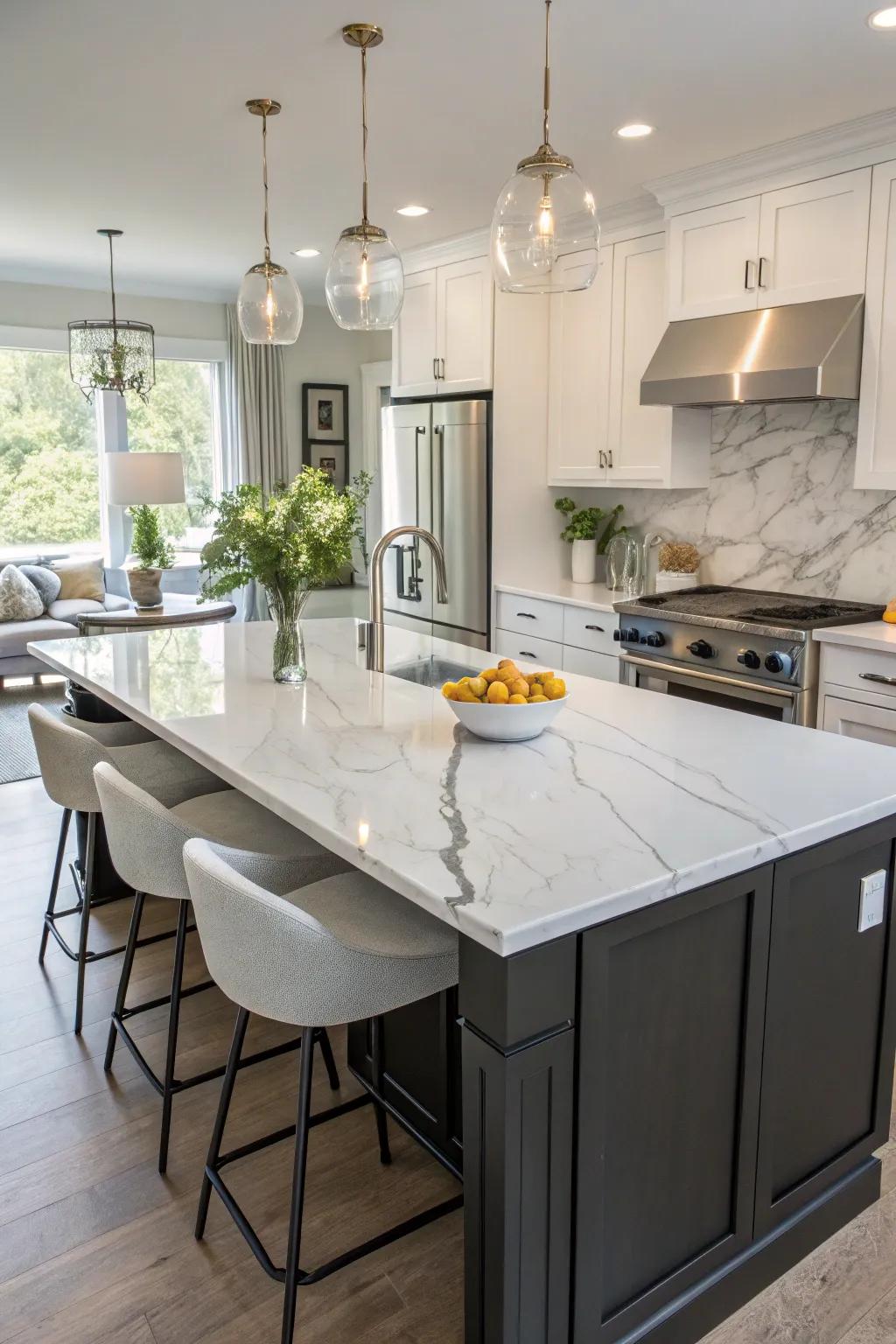A stunning marble countertop that transforms a kitchen island into a centerpiece.