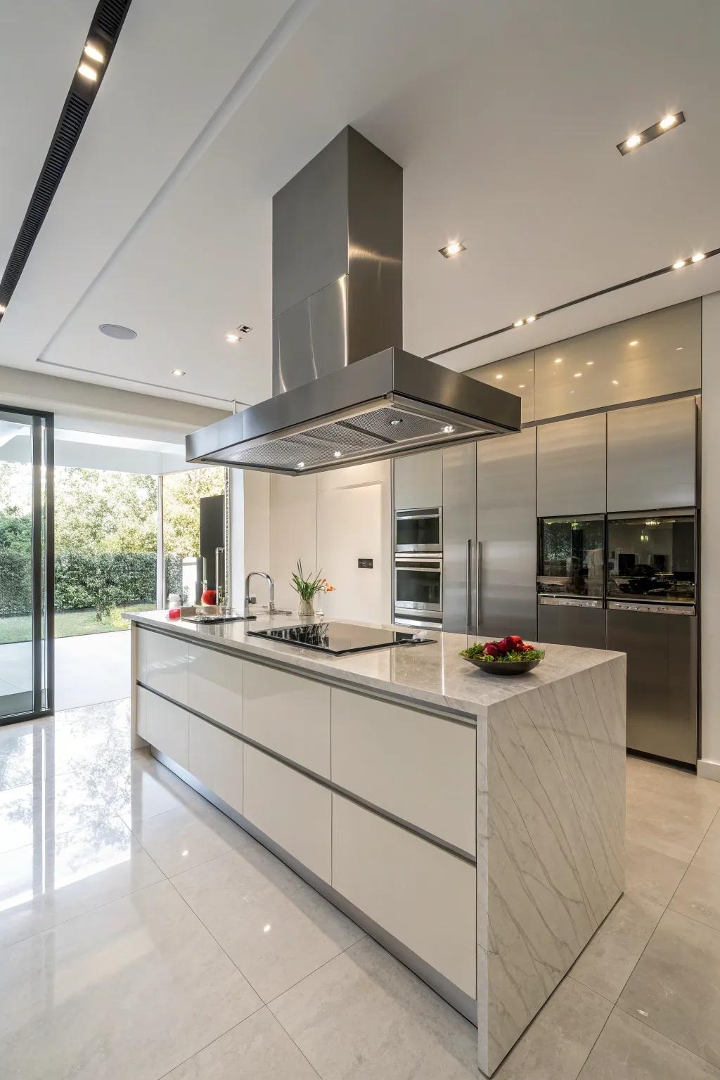 A stainless steel range hood provides a polished look with modern charm.
