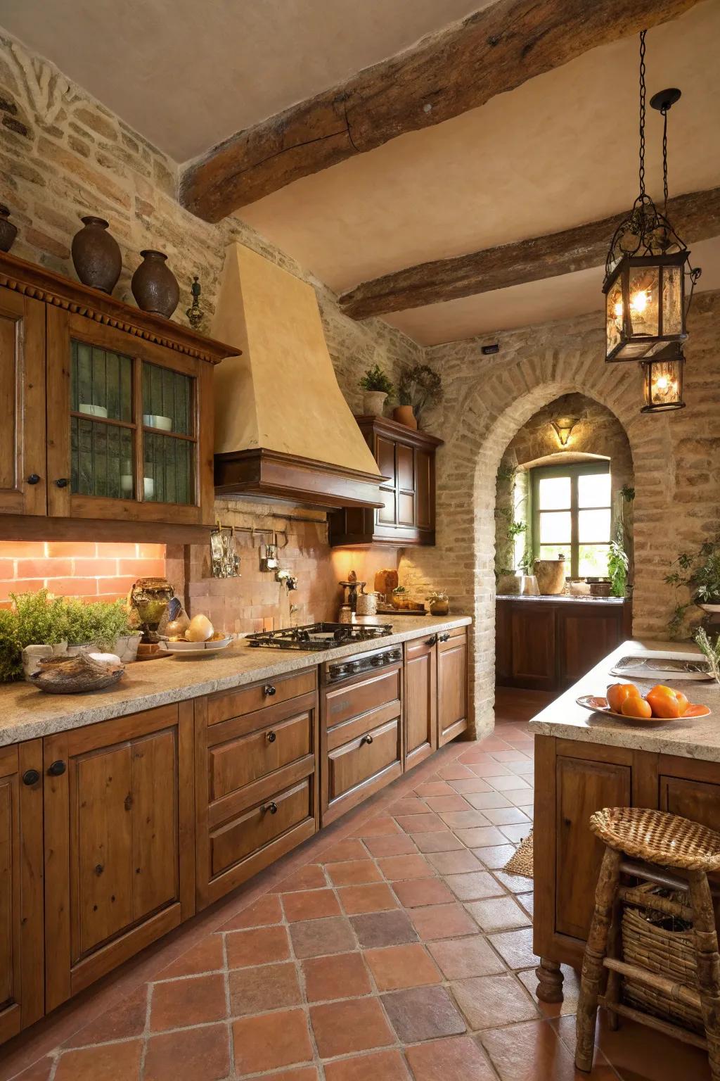 A palette of earthy hues and clay accents conjures the ideal Italian kitchen atmosphere.