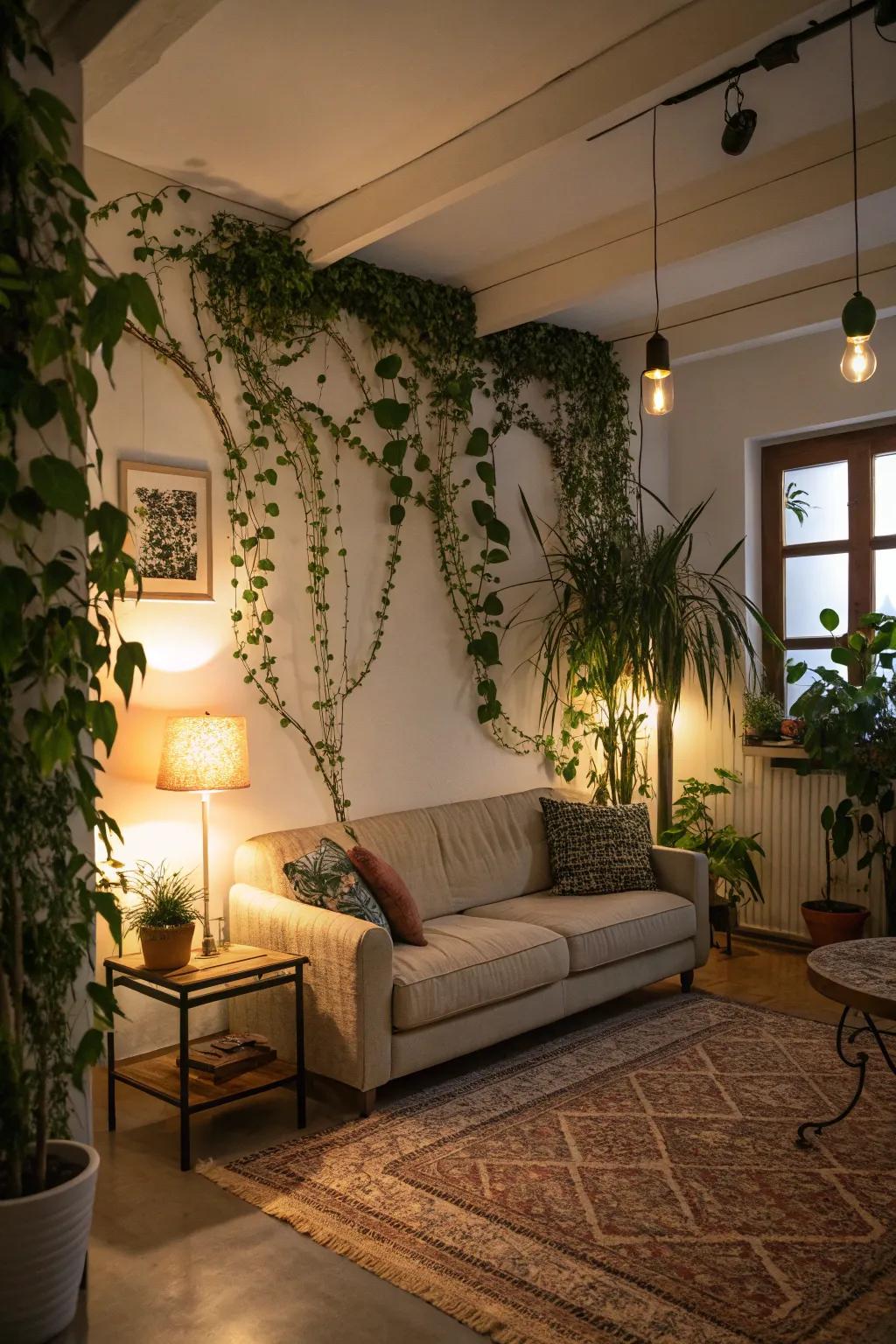 A living room revitalized by a vibrant green wall, establishing a serene and calming ambiance.