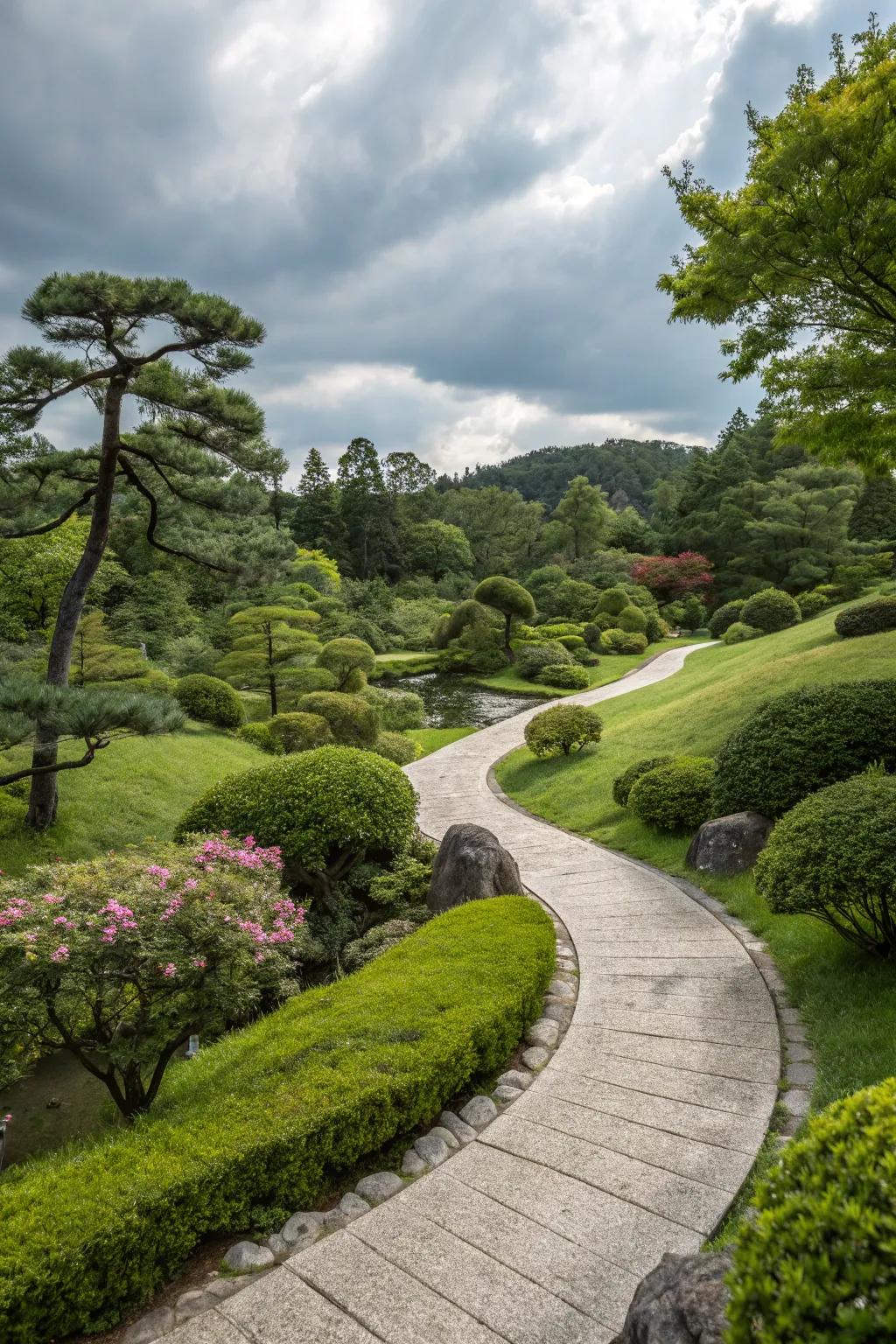 An appealing stone path gently curving through a Japanese garden.