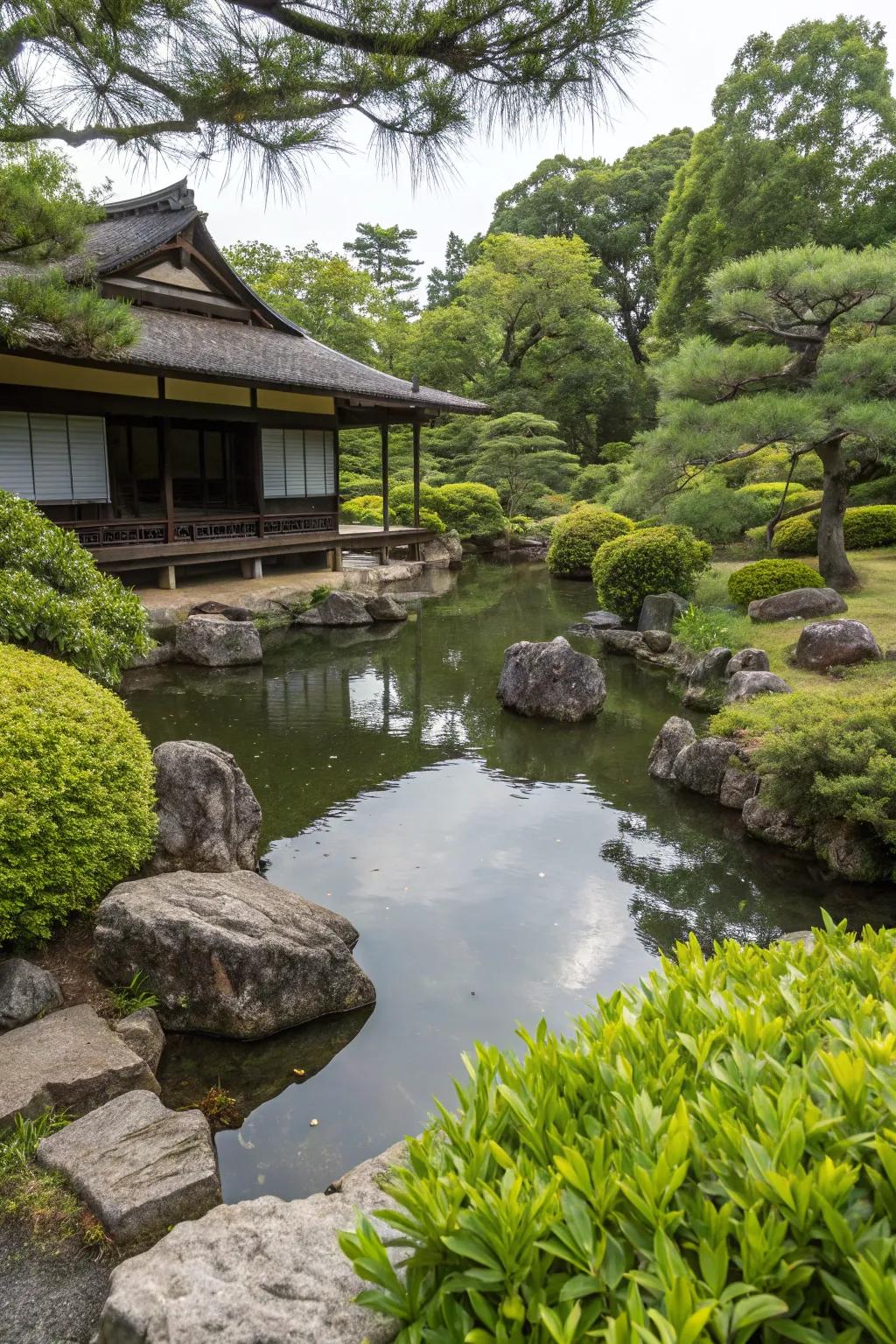 A Japanese garden featuring a small pond bordered by stones.