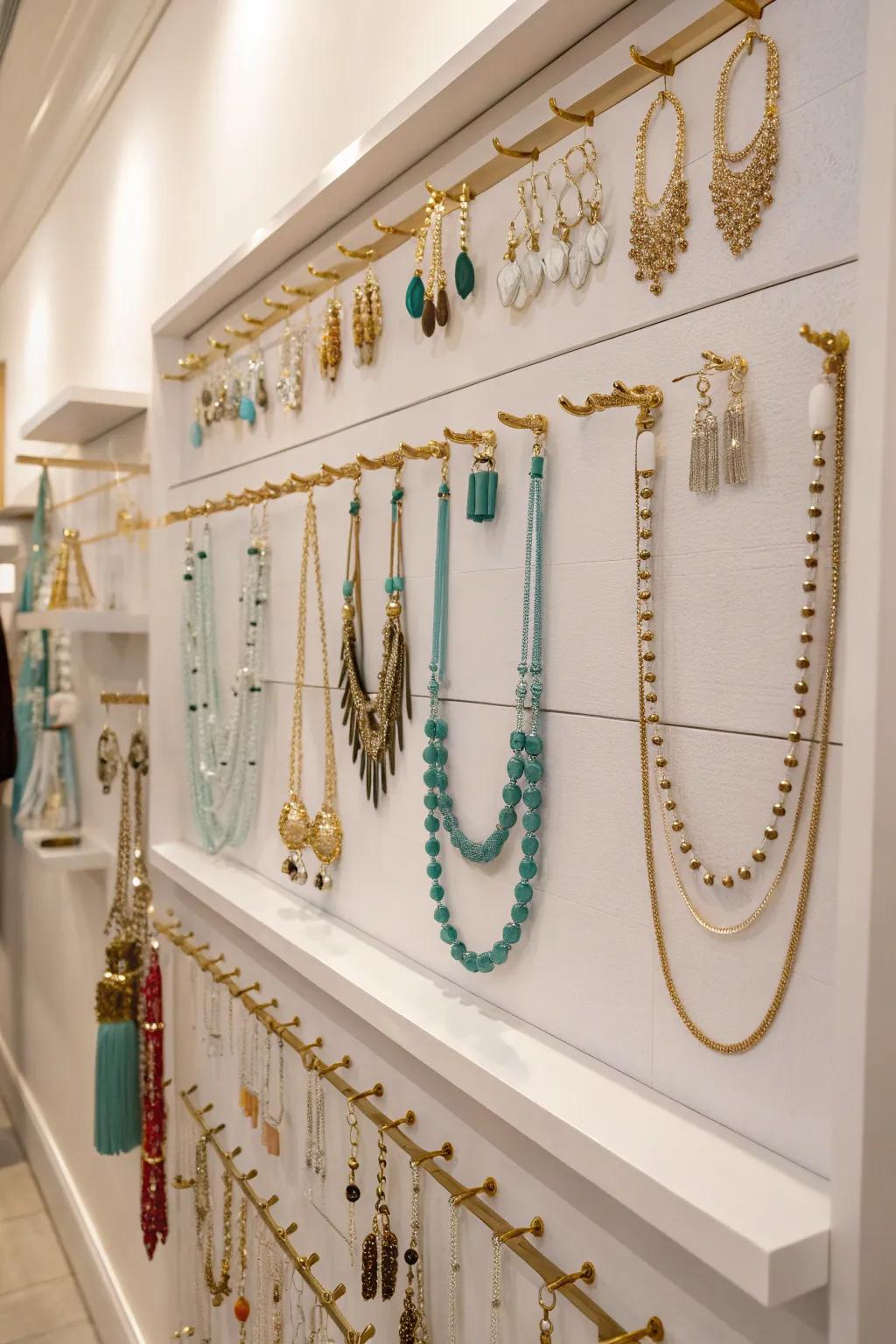 Making good use of wall area with fashionable hooks for jewelry.