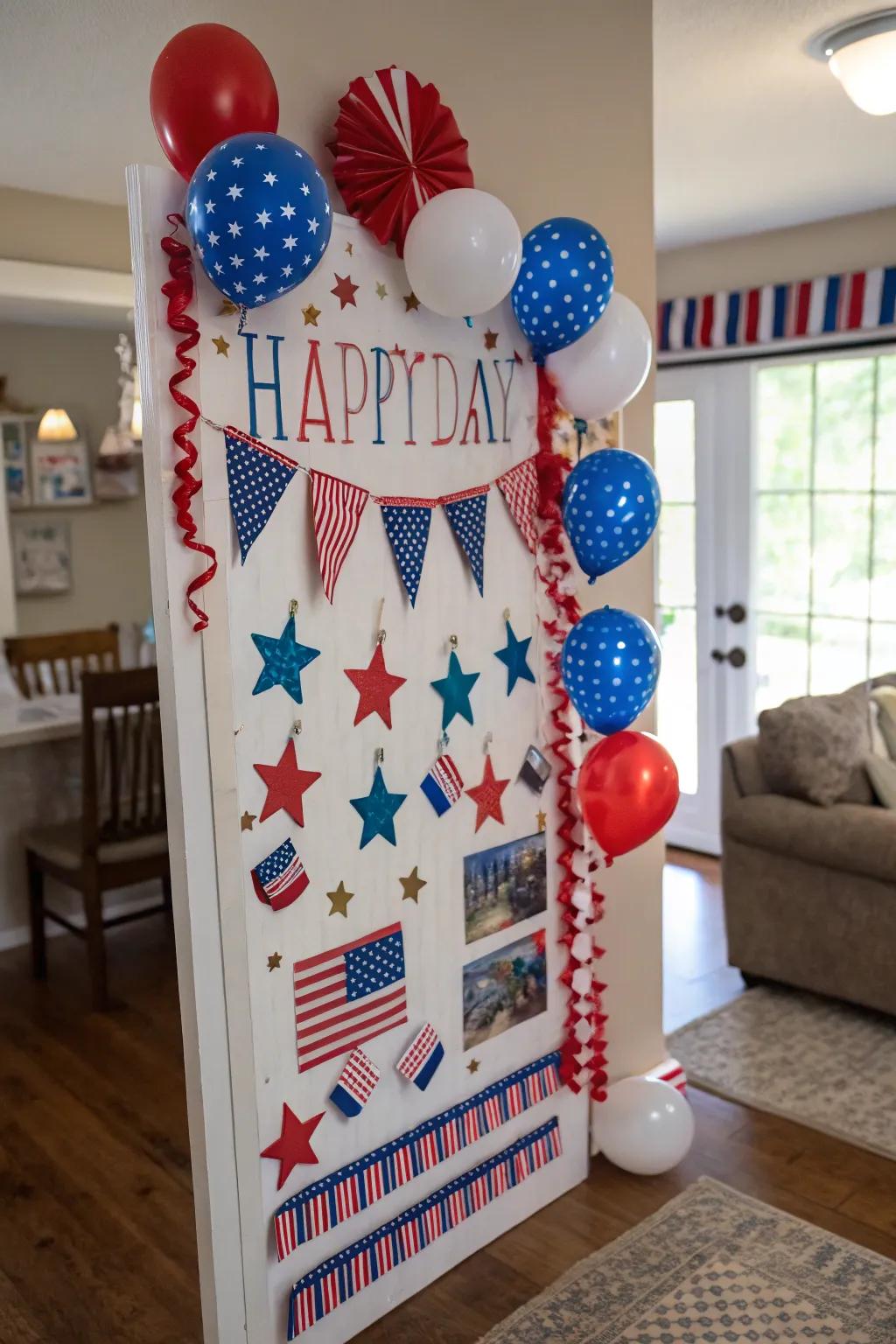 A patriotic birthday board decorated with red, white, and blue elements to celebrate July.