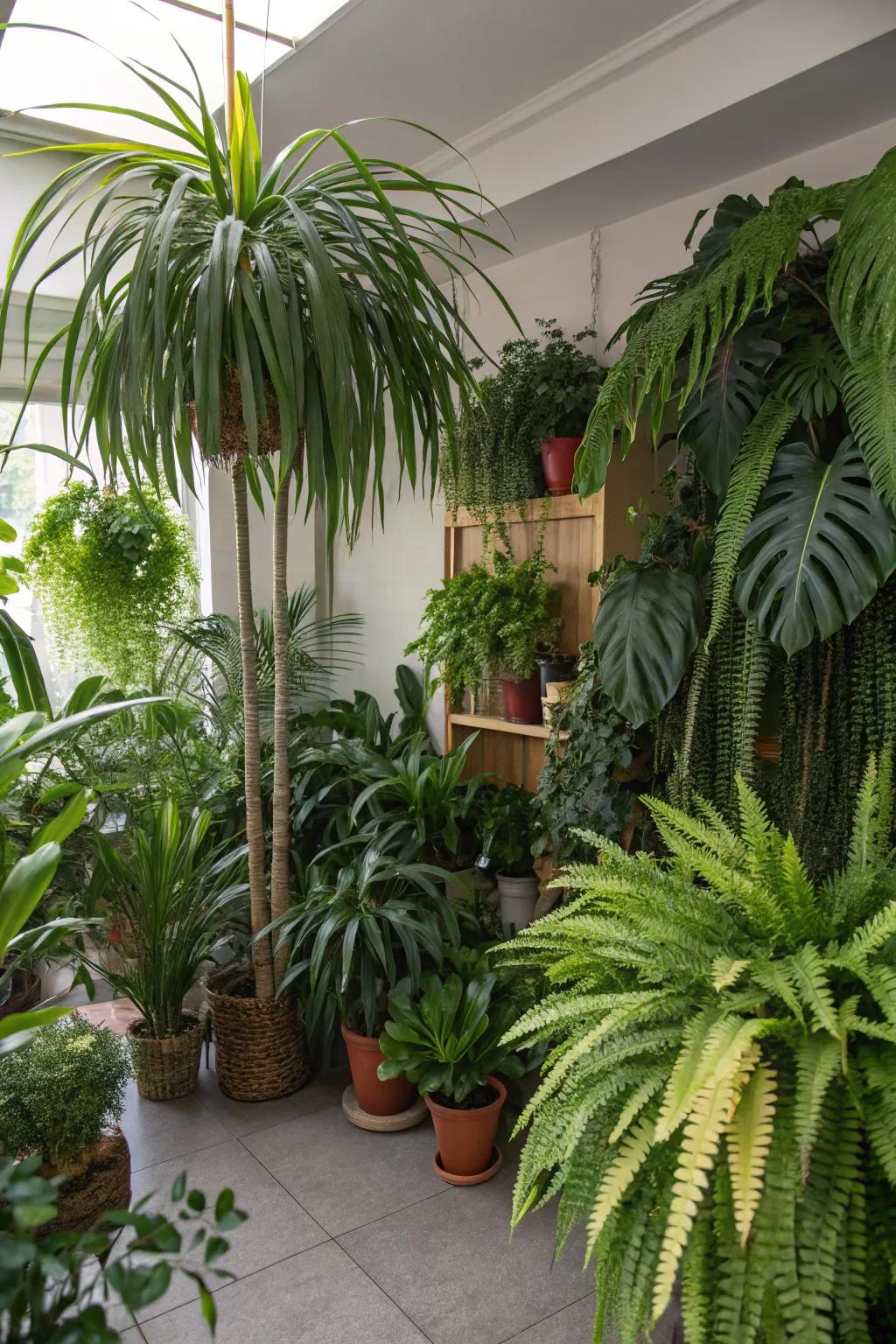 Incorporate a variety of plant types to create a multi-layered, vibrant jungle atmosphere.