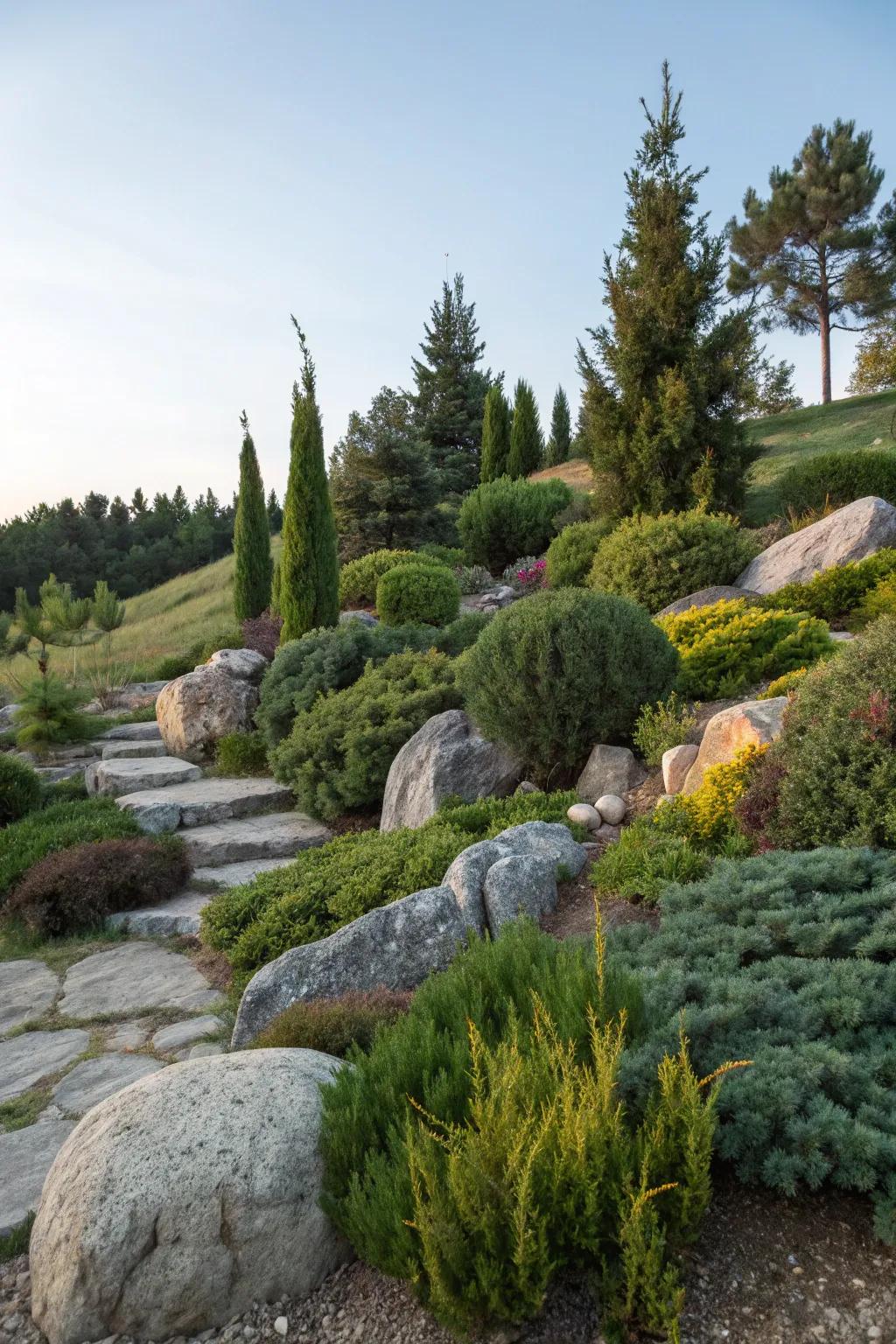 A serene hillside retreat featuring rocks and junipers