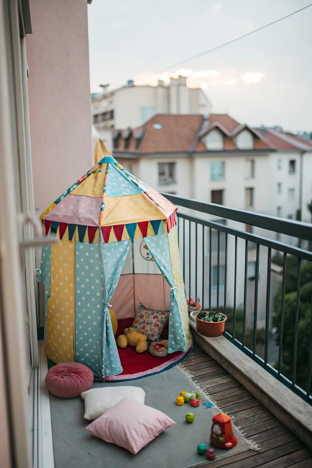 A bright play tent makes a magical retreat for kids on the balcony.