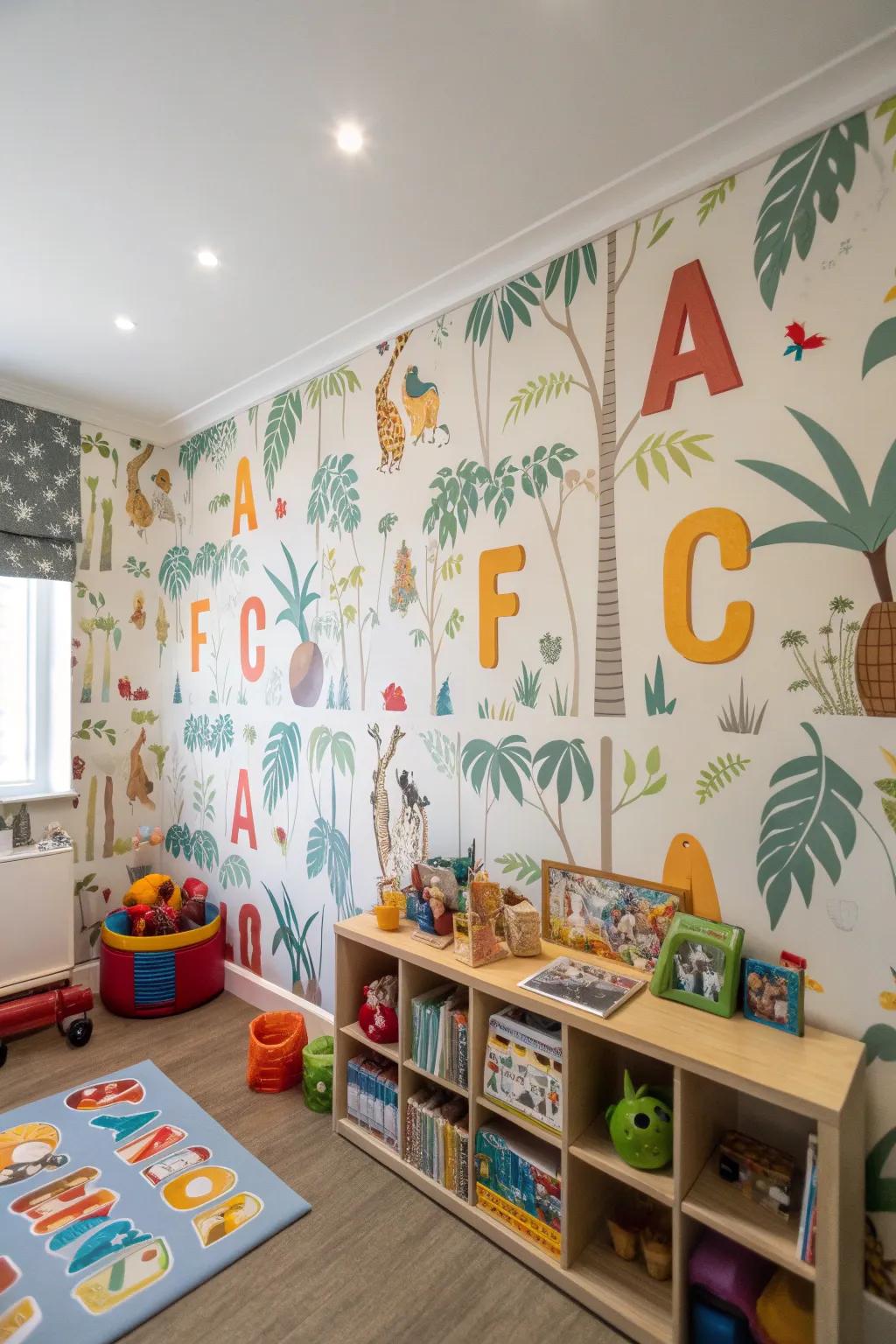 A playroom showcasing alphabet-themed wallpaper, where learning meets adventure.