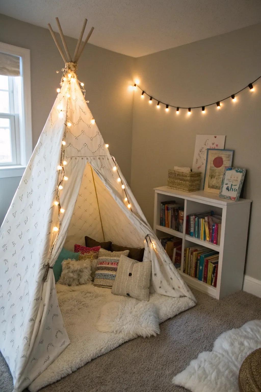 A playful teepee tent reading nook, ideal for little adventurers.