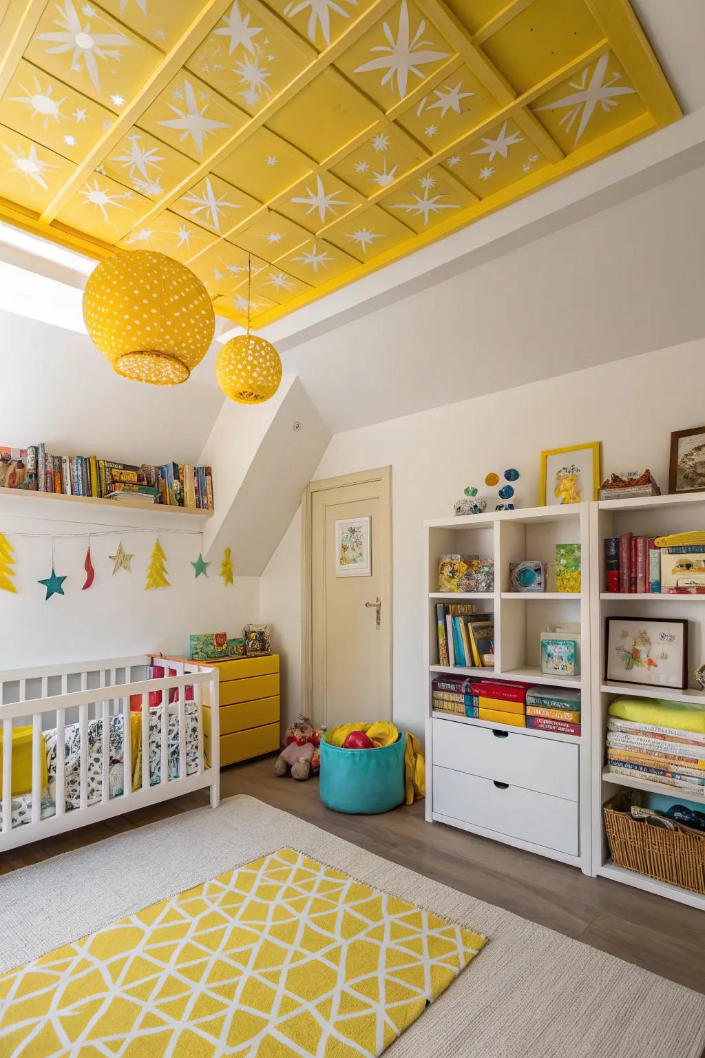 Radiant gold accents add warmth and cheer to this kid's room.