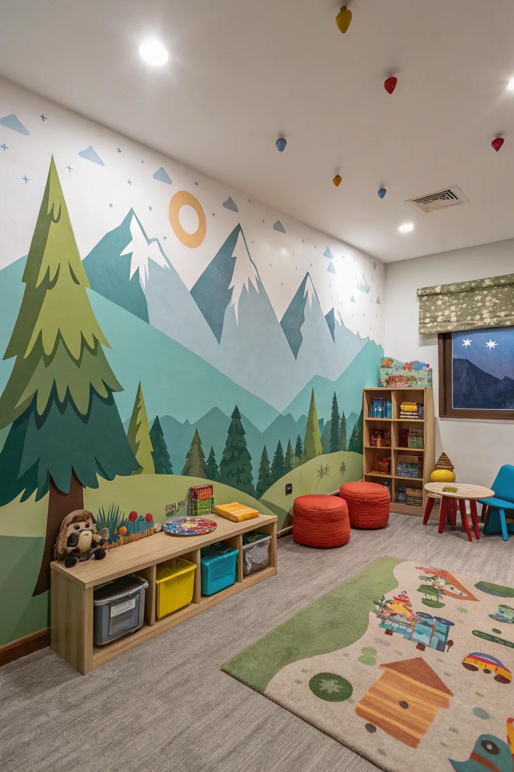 Mountain scenes create a peaceful and adventurous feel in kids' rooms.